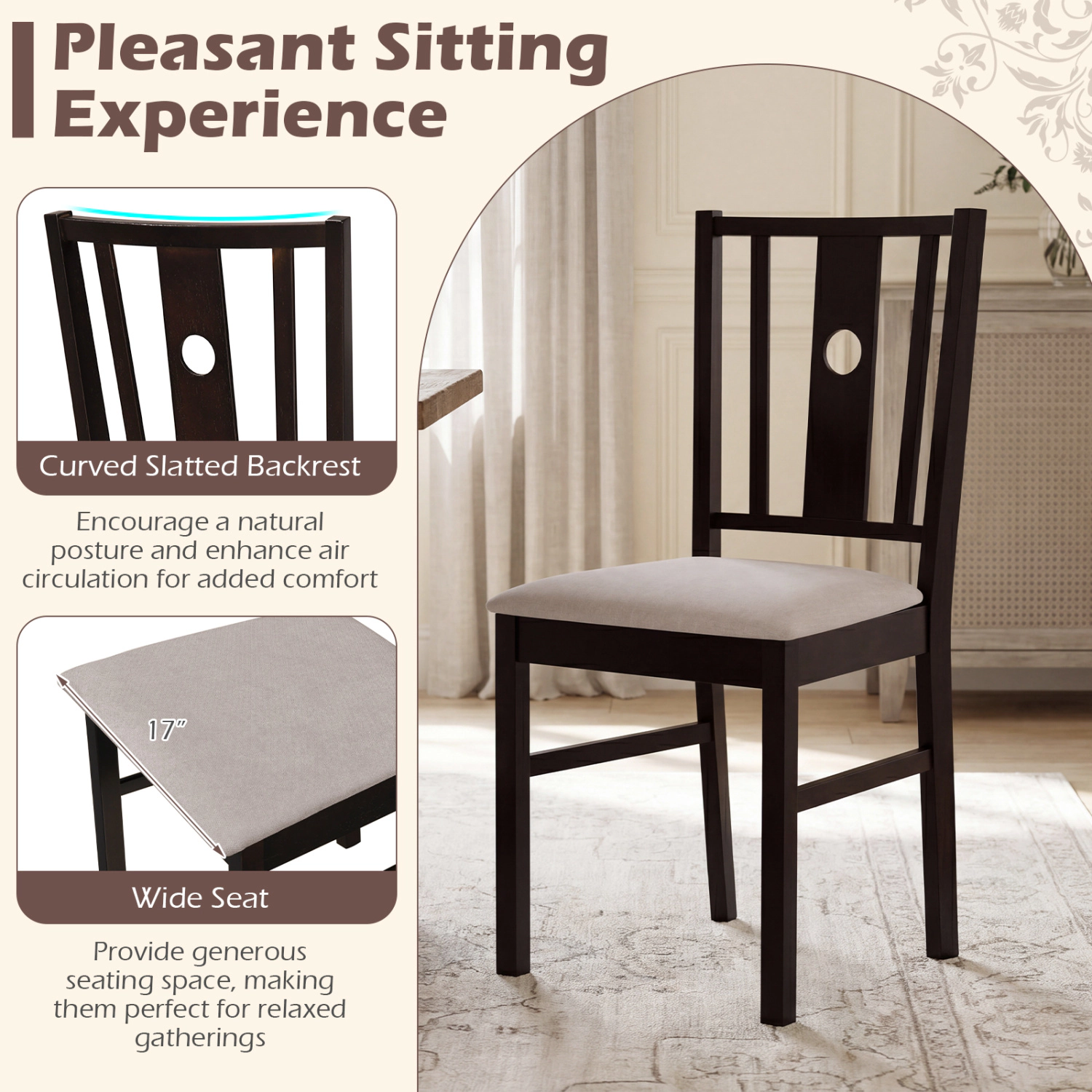 SlickBlue Farmhouse Dining Chairs, Beige Fabric Seat Coffee Wood Frame