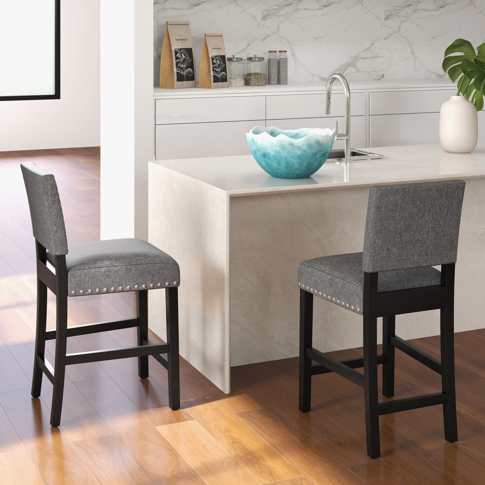 SUGIFT Set of 2 Gray Linen Counter-Height Bar Stools with Footrests