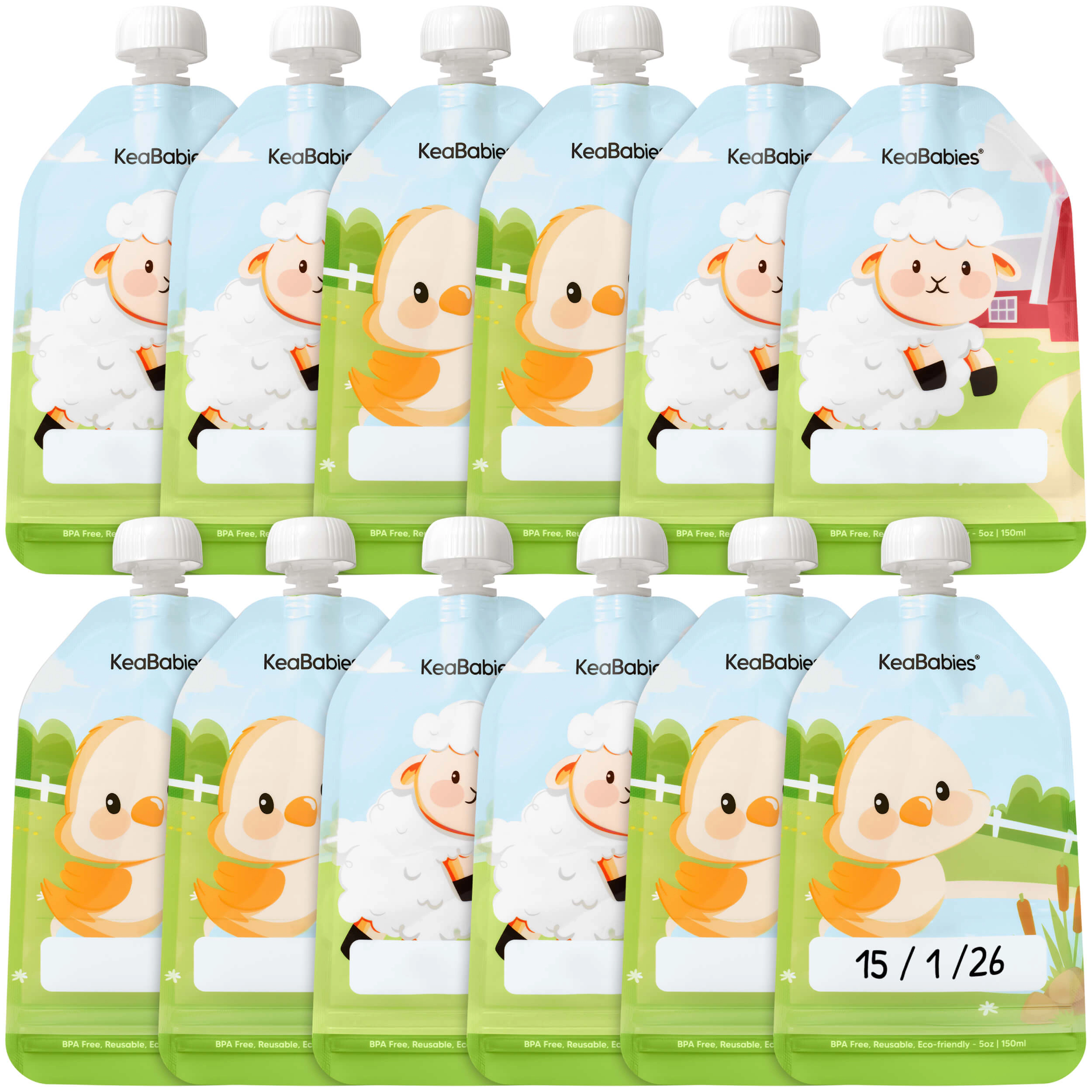 KeaBabies 12-Pack Prep Reusable Food Pouches for Toddler, Kids, Baby Boys, Girls