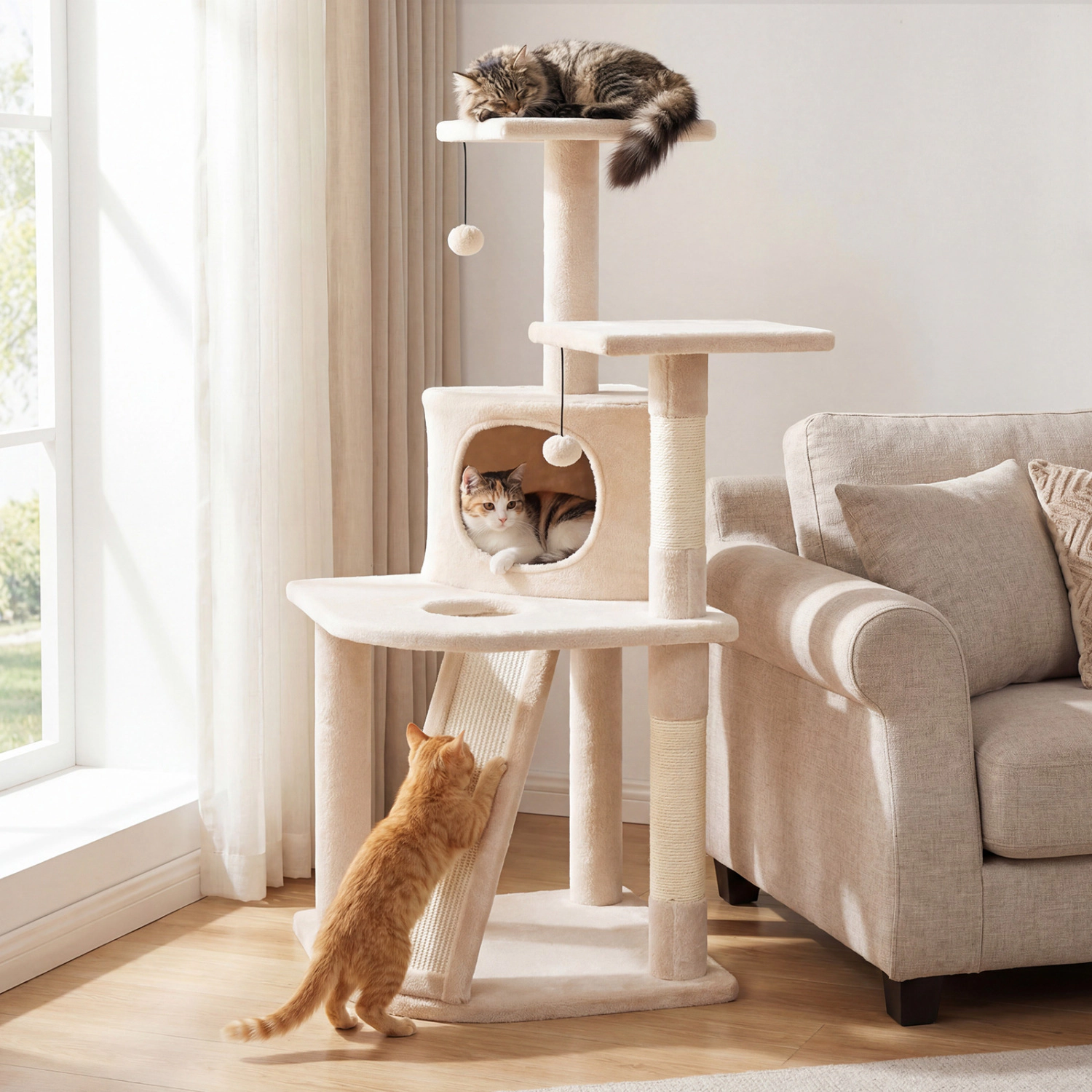 Glintex 44-Inch Kitten Tower with Central Condo Dual-Purpose Ramp and 2 Plush Perches