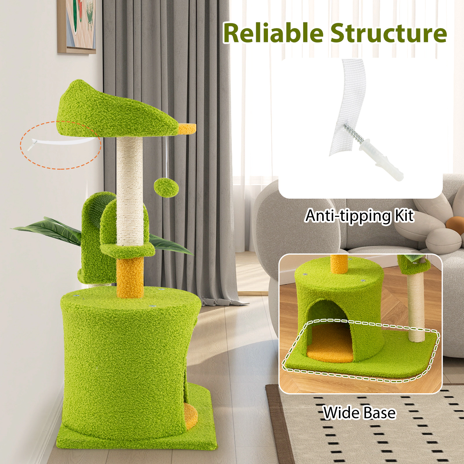 SUGIFT Green Palm Cat Tree for Indoor Cats with Artificial Leaves and Self-Groomer