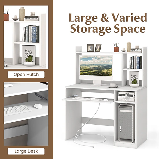 SUGIFT Home Office Computer Desk Hutch Keyboard Tray CPU Stand 210-lb Desktop Capacity 2 Outlets 2 USB Ports White/Black