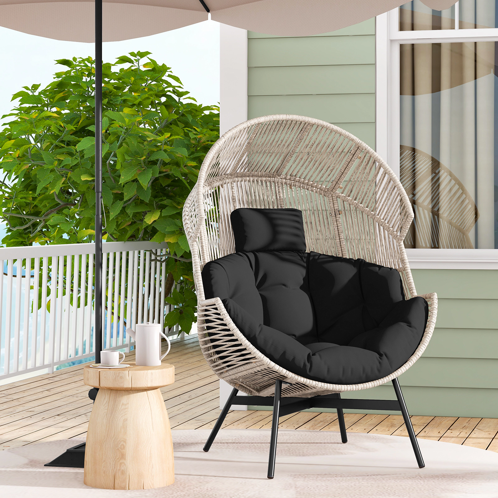 SUGIFT Oversized PE Rattan Headrest Cushions Wicker Egg Lounge Chair 40-in x 38-in x 55-in 400-lb Capacity Black