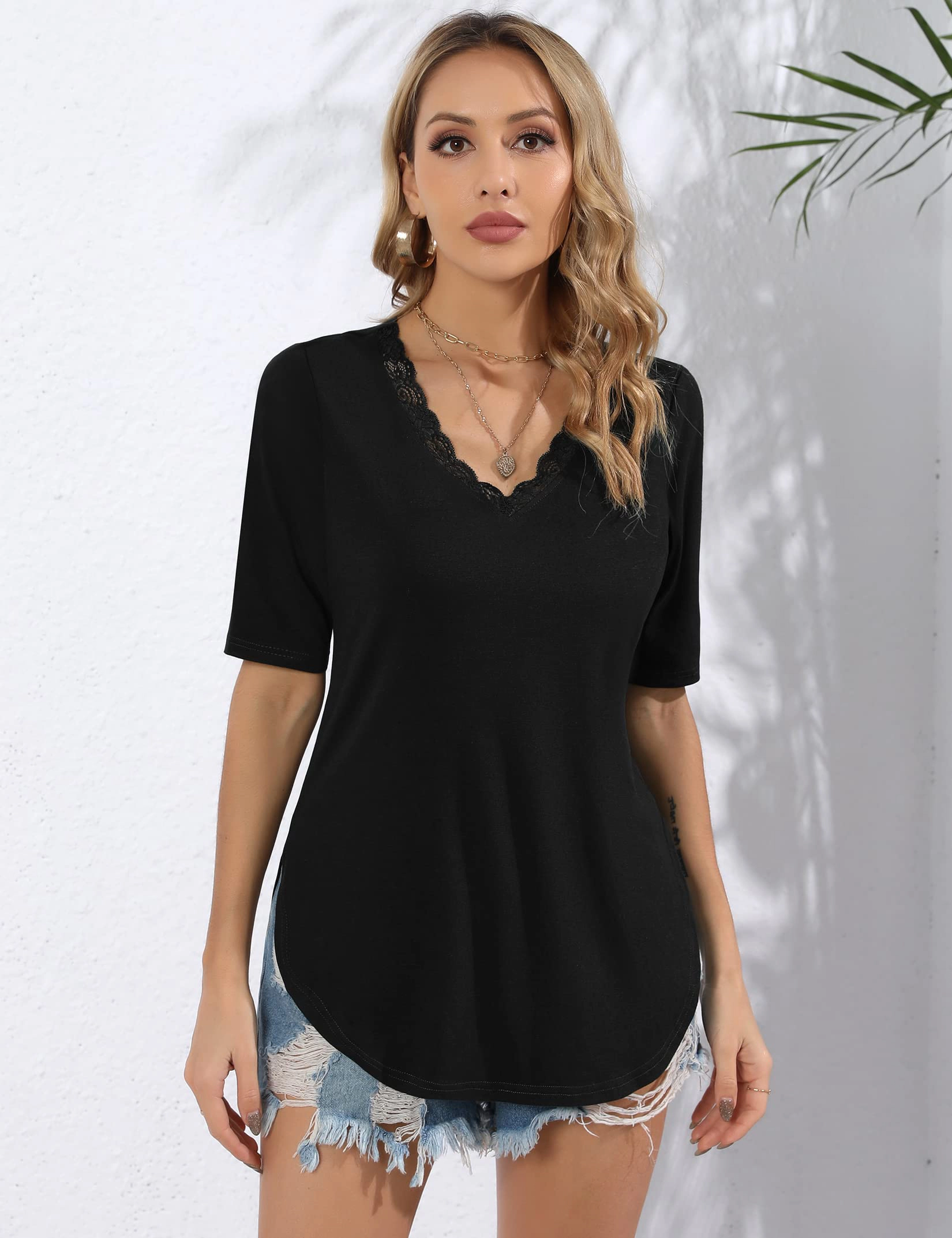 KOJOOIN Women's V-Neck Lace Trim Tunic Top Short Sleeve Relaxed Knit Curved Hem Blouse Shirts