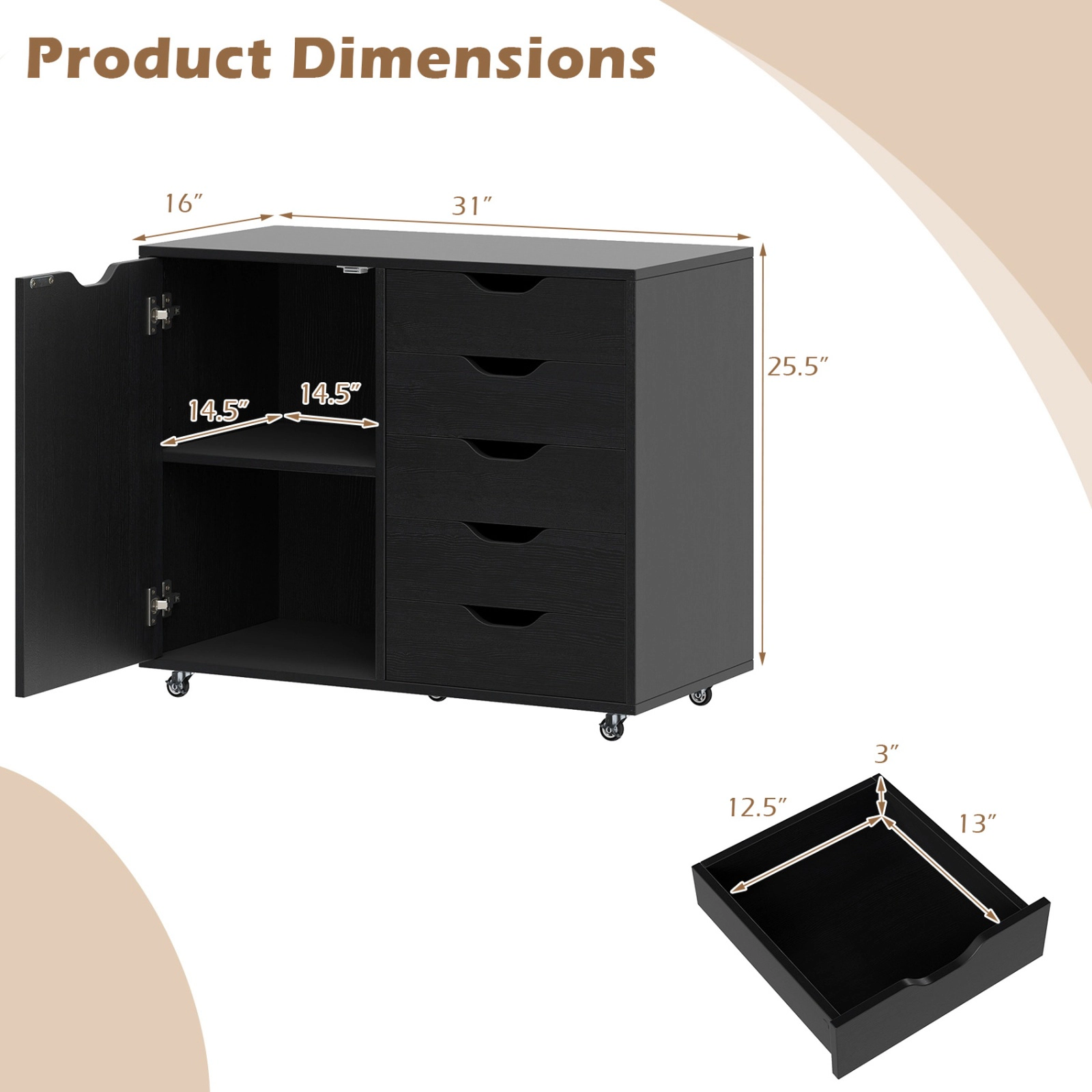 SUGIFT Black 5-Drawer Rolling Printer Stand with Side Storage Cabinet Under Desk Mobile File Cart