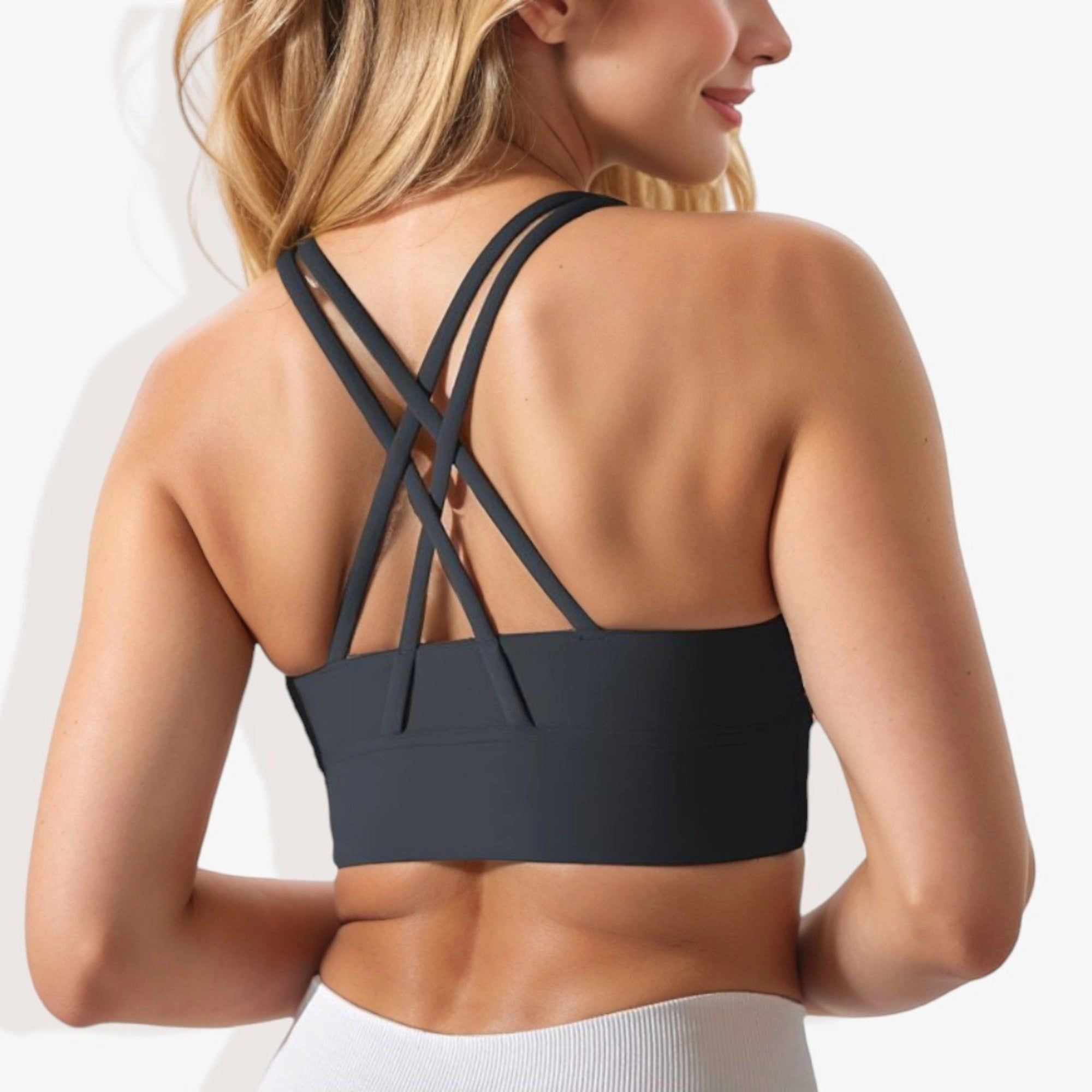 Anna-Kaci Womens Scoop Neck Criss-Cross Back Cropped Sports Bra