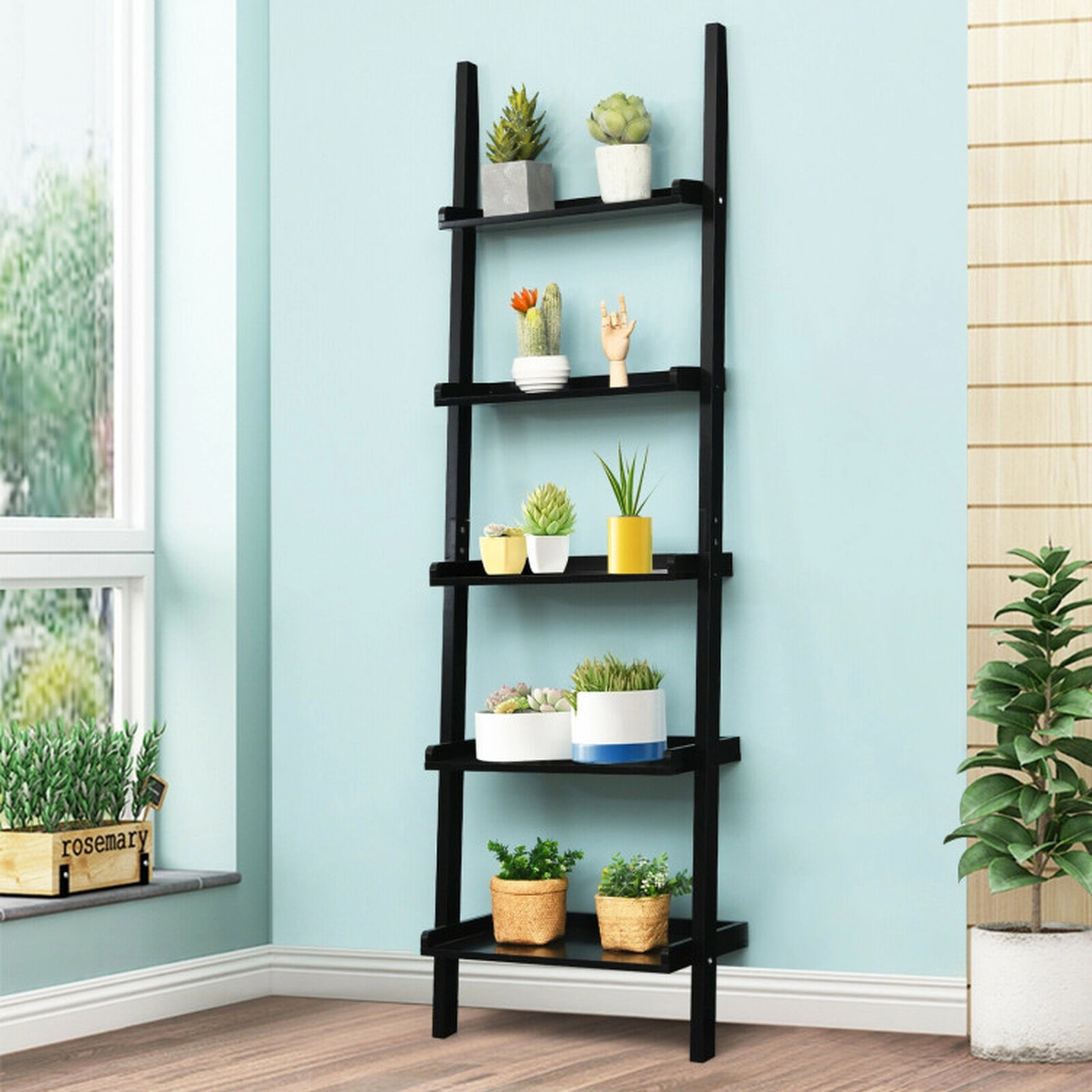 SUGIFT Black 5-Tier Wall-Leaning Ladder Shelf 74.5 in Display Rack