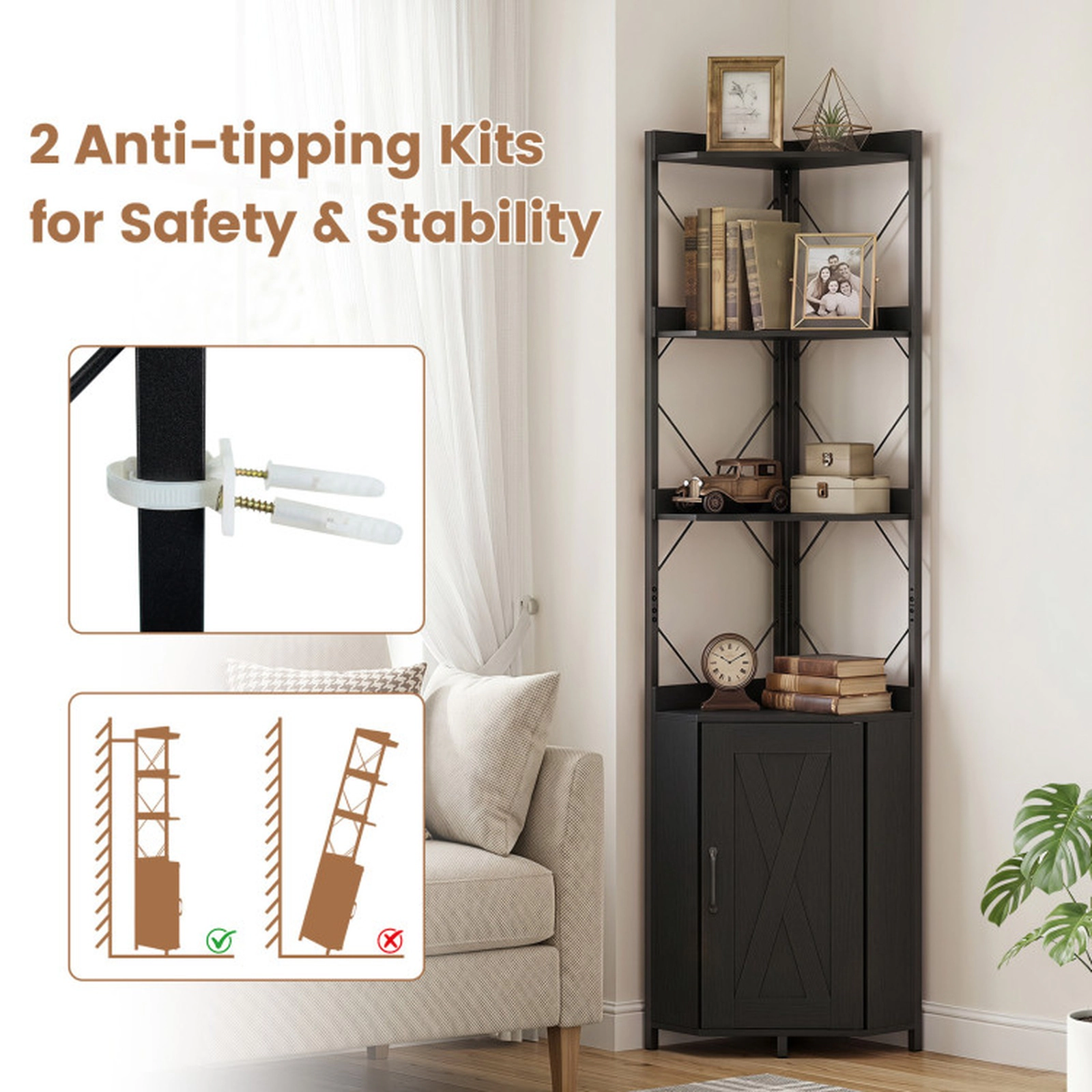 SUGIFT 71-in Tall 6-Tier Freestanding Corner Bookshelf with Cabinet 180-lb Capacity Rustic Brown and Black
