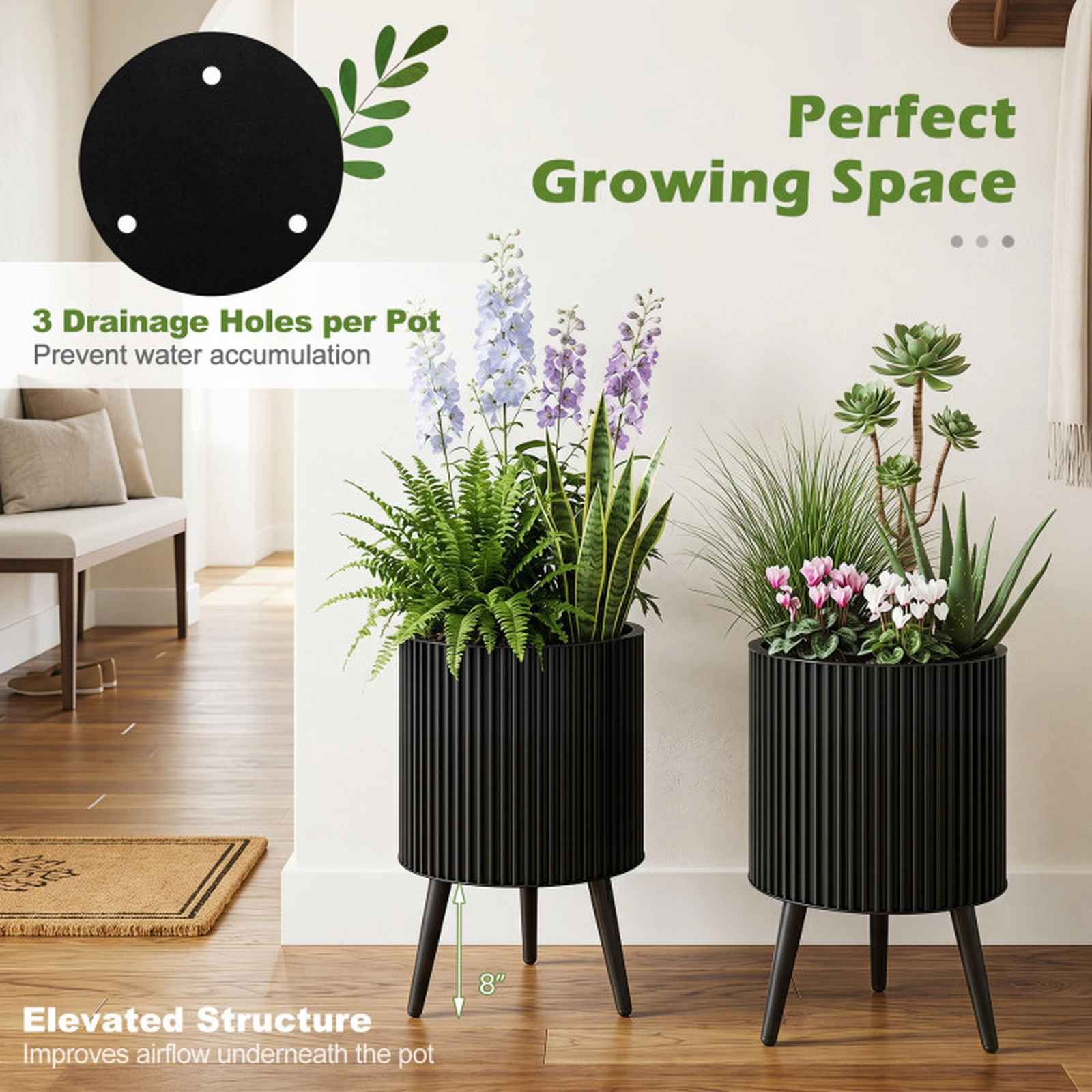 SUGIFT Modern Fluted Metal Planter Flower Pots with Stand 110-lb Capacity Set of 2 Black 20 x 23 in and 18 x 23 in