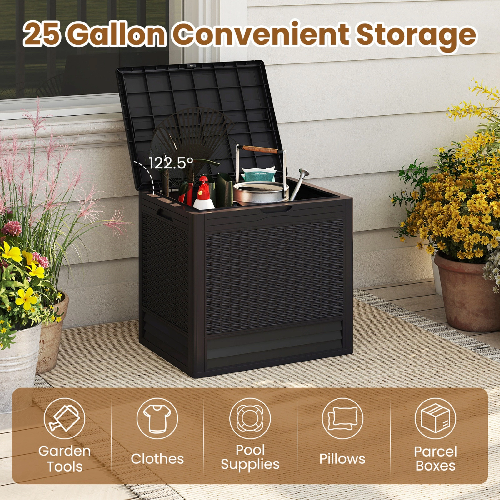 SUGIFT 25-gal 180-lb Capacity Brown All-Weather PP Outdoor Storage Deck Box with Lockable Lid and Rattan Texture