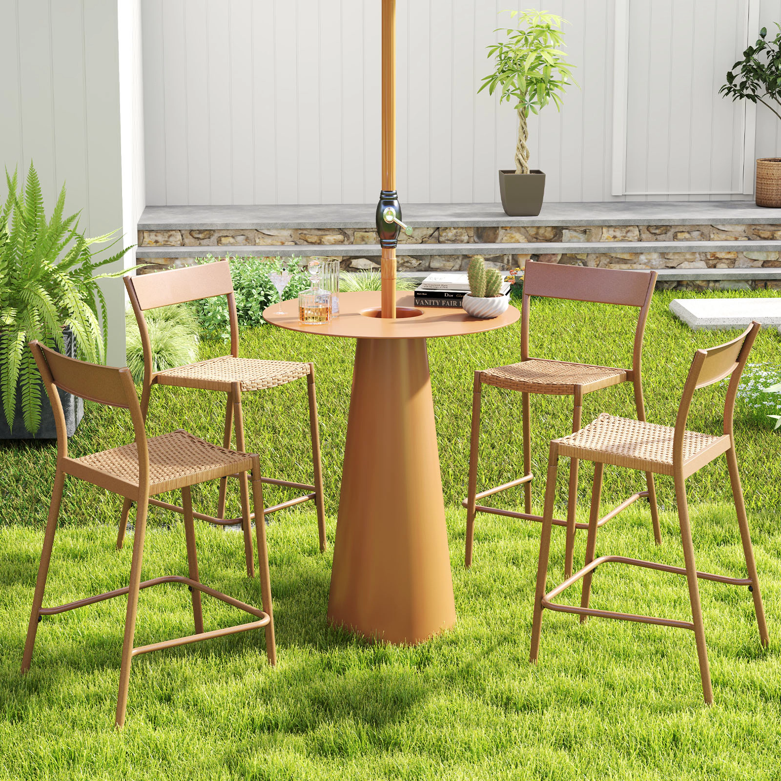 LJG Patio Barstools Set of 4 with Rattan Seat and Metal Backrest
