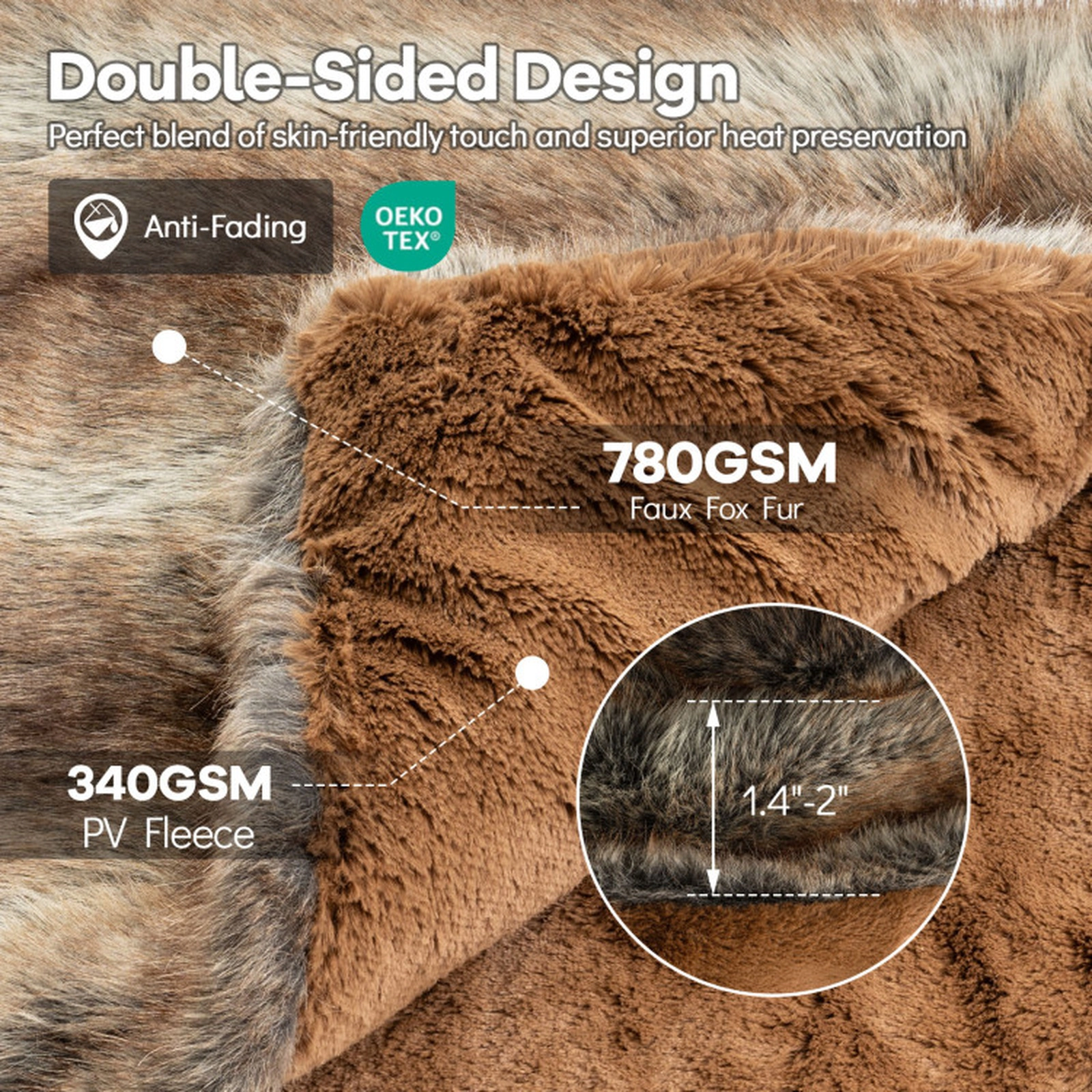 SUGIFT Twin Size Double Sided Faux Fox Fur PV Fleece Blanket 780GSM Face 340GSM Back 60 x 80-in 8.5-lb Brown Taupe