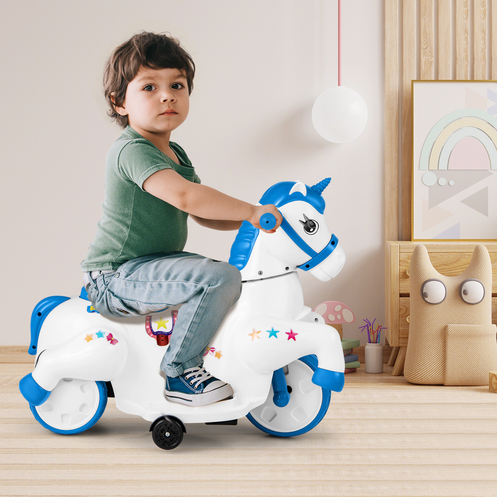 SUGIFT 12V Unicorn Ride-On Toy with Training Wheels and Horse Riding Mode 66-lb Capacity Ages 3+ 27-in Frame Navy