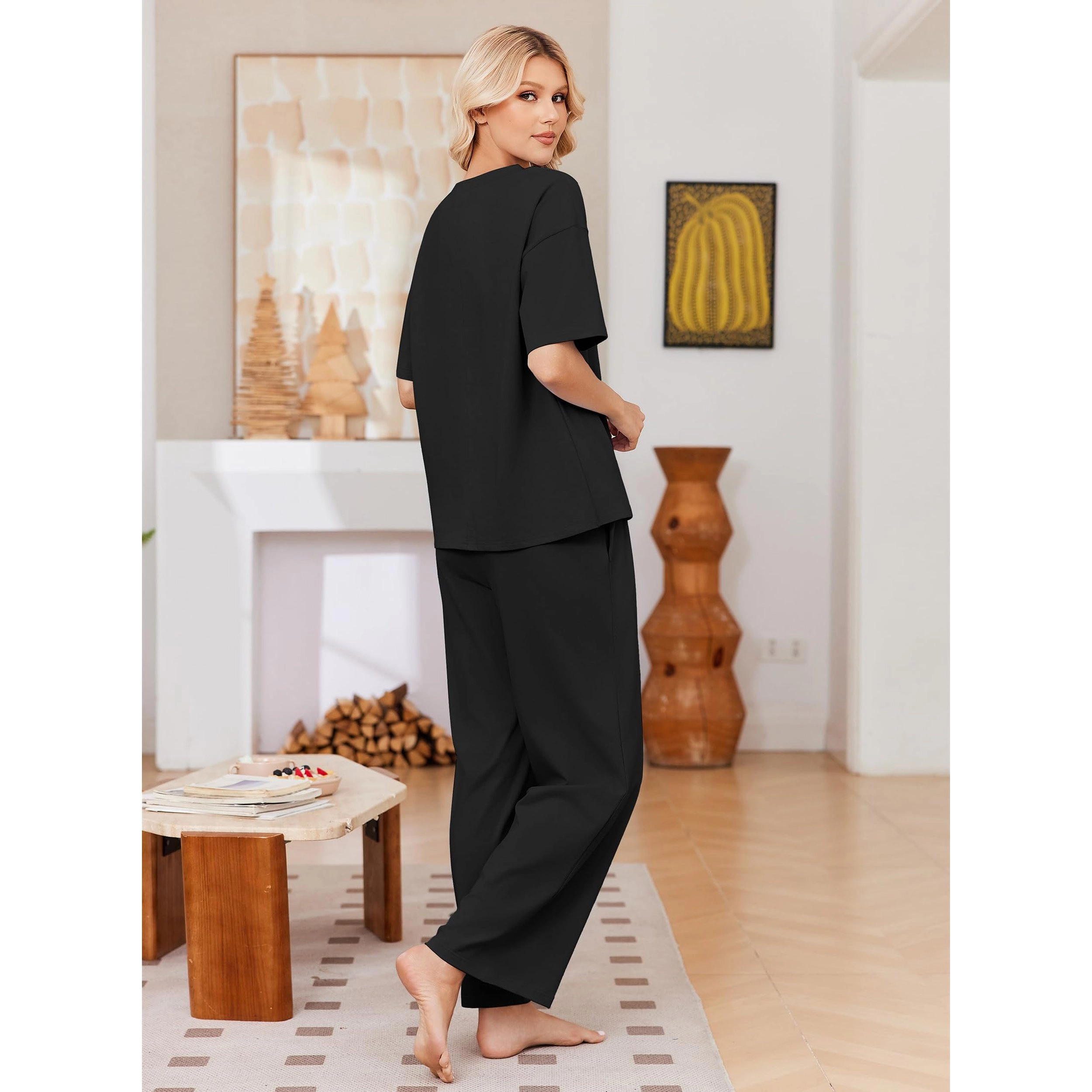 Ekouaer Womens Cotton Pajama Sets Soft Short Sleeve Pajamas Long Pants Set Breathable Loungewear