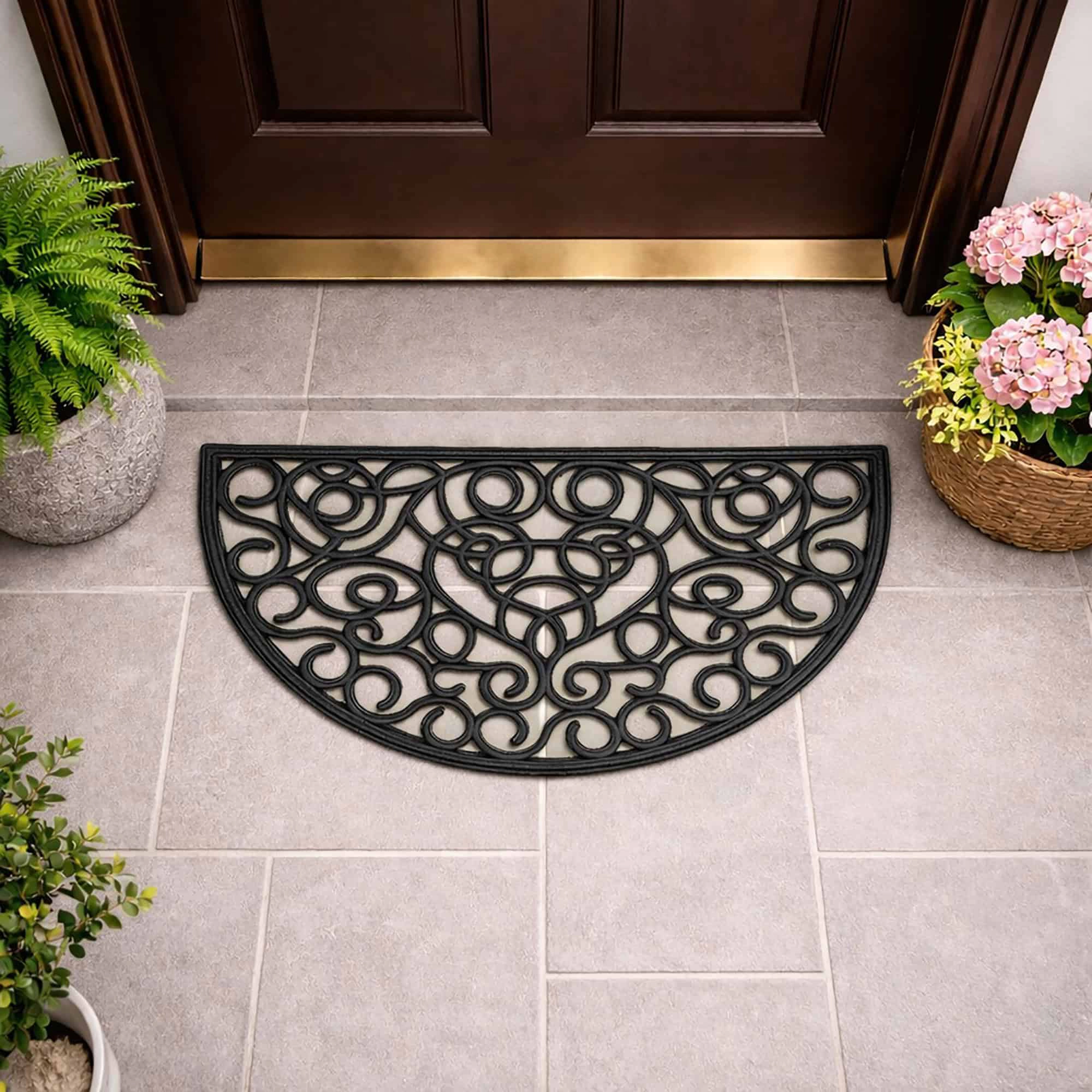 Evideco French Home Goods Black Half Round Scroll Rubber Doormat 30 x 18 Inches