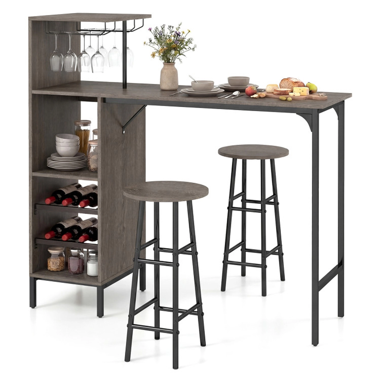 SUGIFT 3 Piece Bar Table and Chairs Set with 6-Bottle Wine Rack 400-lb Table Capacity Brown Oak Rustic Brown