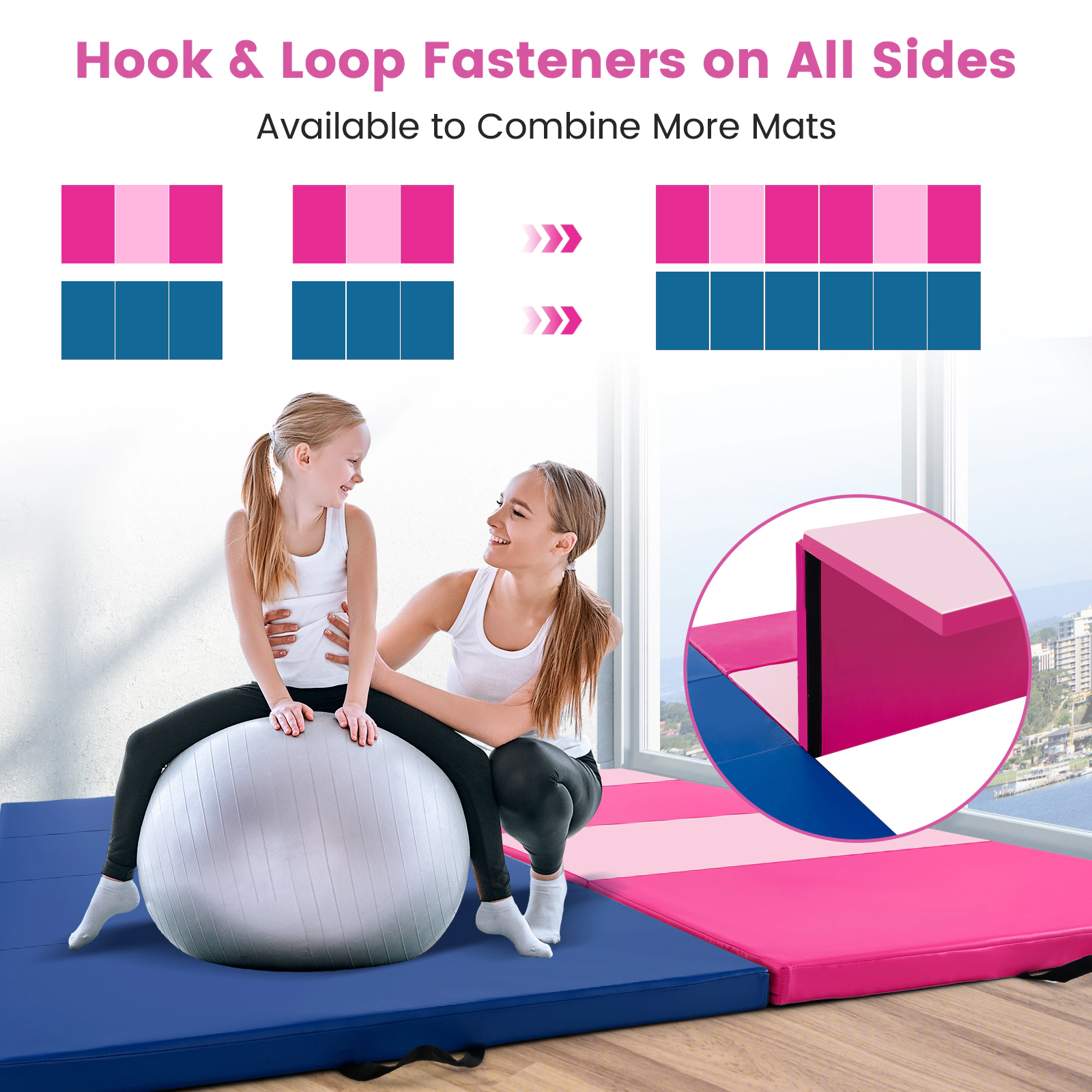 SUGIFT Hot Pink 4-Panel Folding Exercise Mat with Carry Handles and Hook and Loop Fasteners 10-ft W 4-ft D