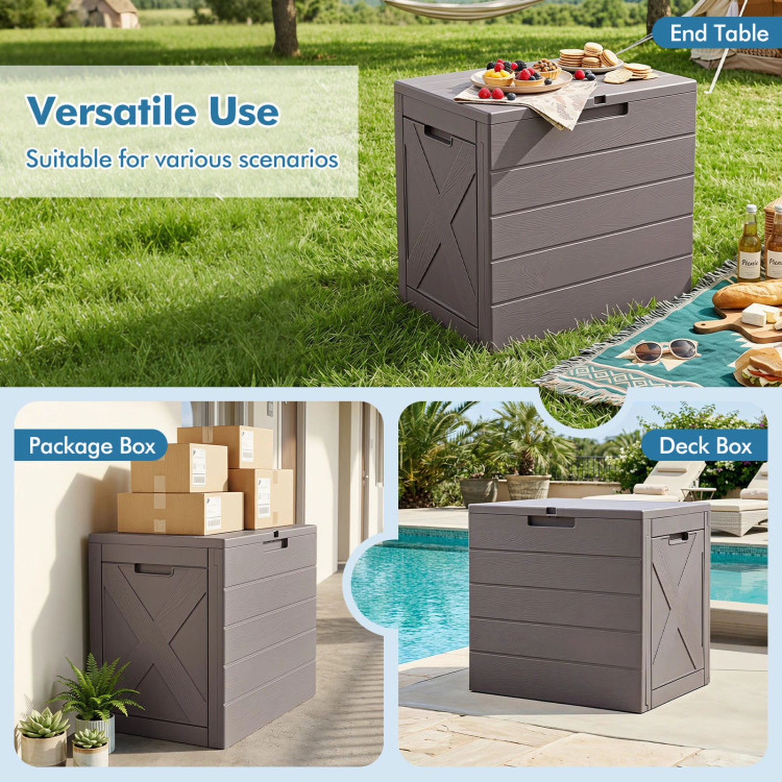 SUGIFT 25-Gal 110-lb Lid Capacity Wood Grain Outdoor Storage Bin Patio Deck Box with Lock Hole and Handles