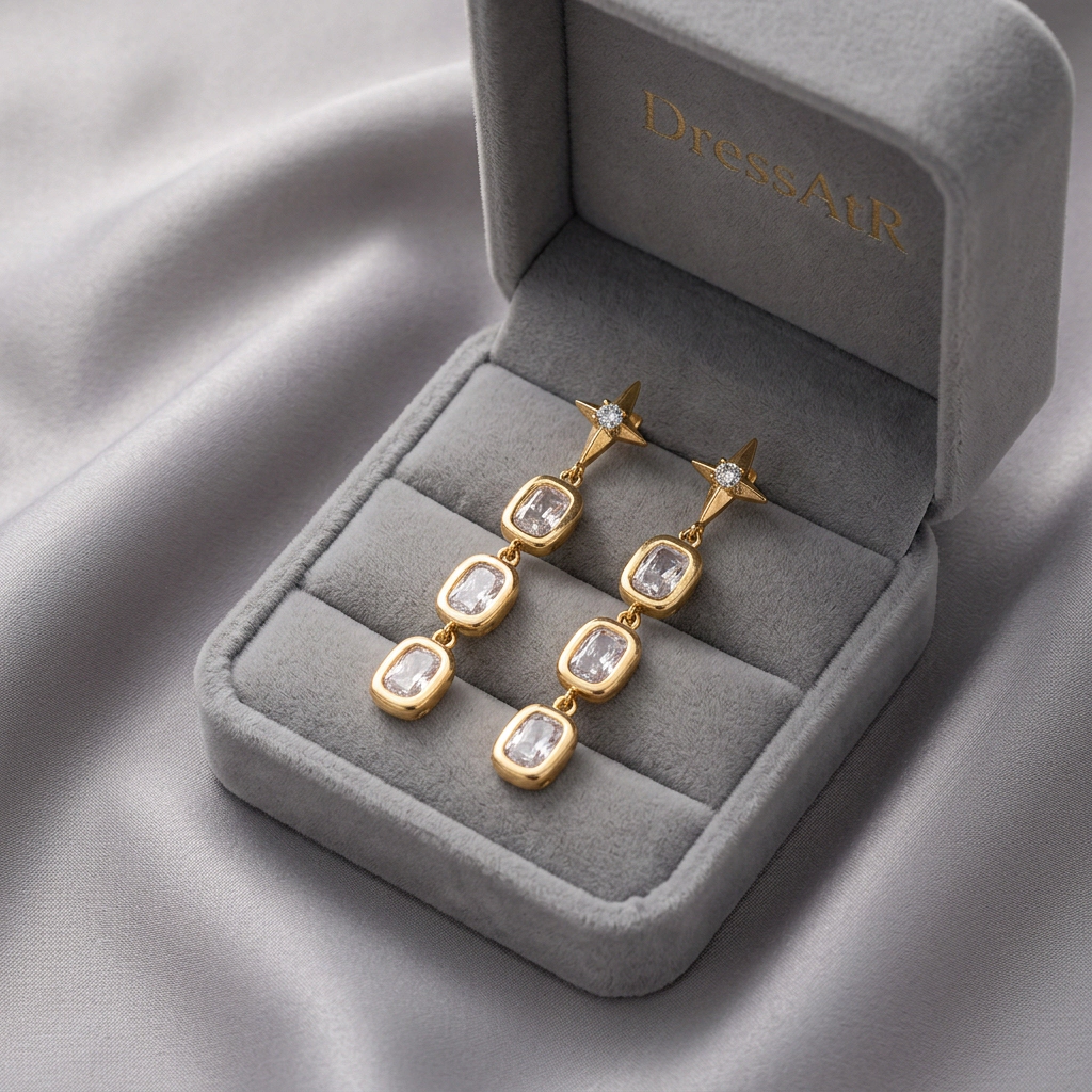 DressAtR Women’s Gold Tone Starry Zircon Drop Earrings