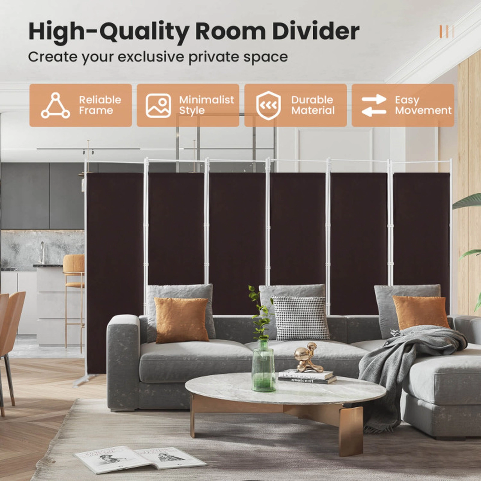SUGIFT 6-Panel Room Divider Privacy Screen Shelving Unit 10-ft Wide 6-ft Tall Polyester Steel Frame 23.8-lb Brown