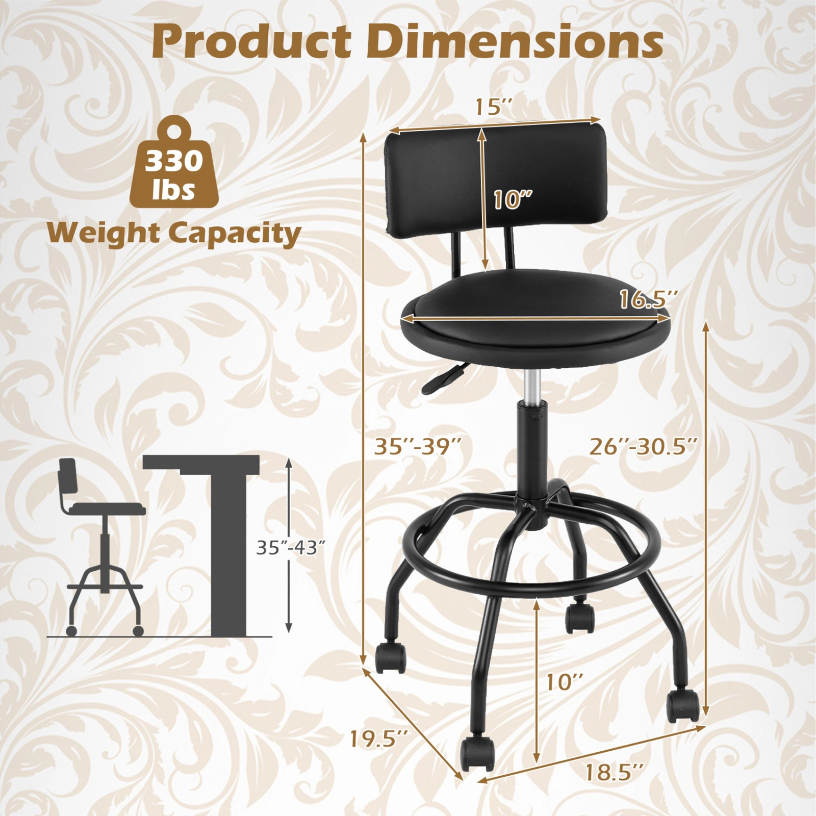 SUGIFT Modern Swivel Height Adjustable Bar Stools with Backrest 330-lb Capacity Black