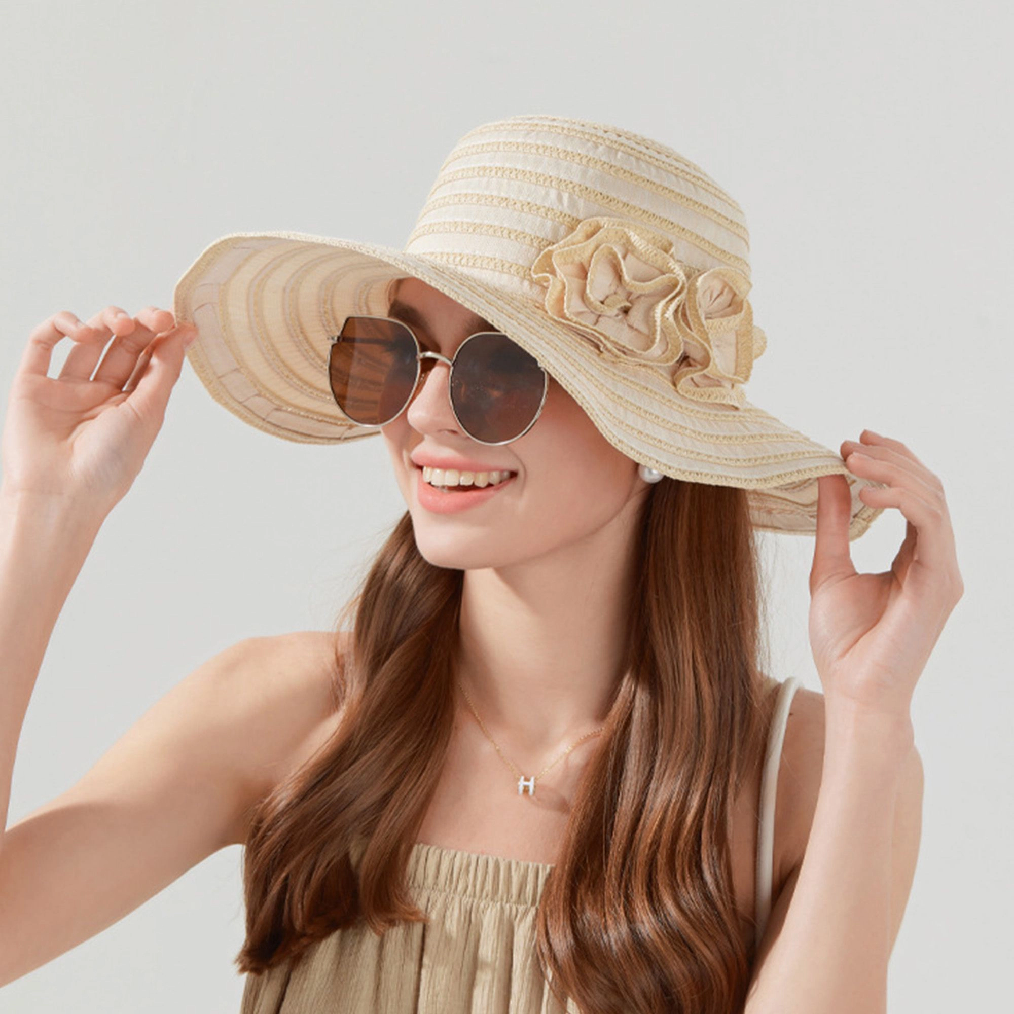 Anna-Kaci Womens Straw Sun Hat with Floral Accent Summer Beach Adjustable Chin Strap