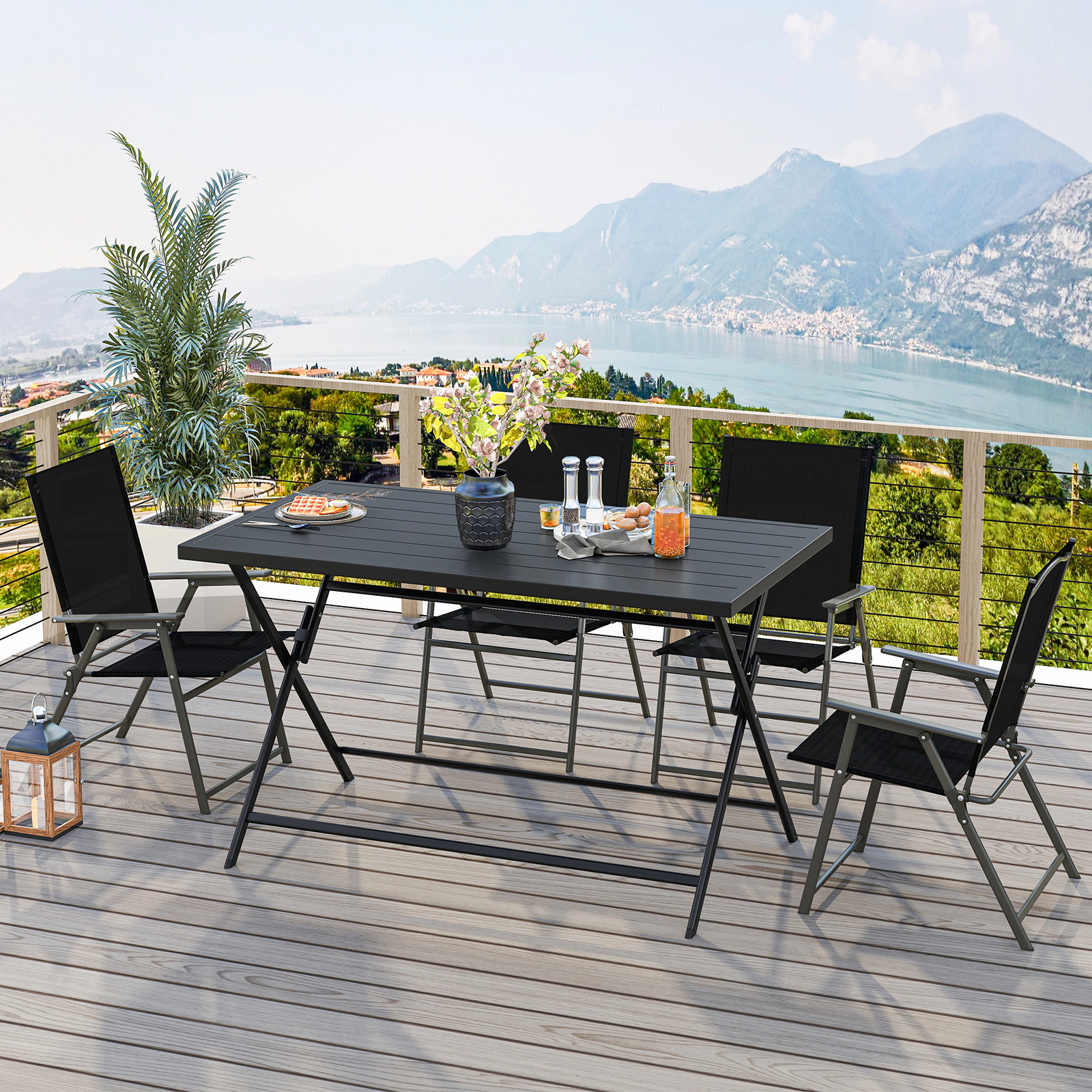 SUGIFT 5-Piece Black Folding Patio Dining Set with 48-Inch Metal Table and 4 Mesh Chairs