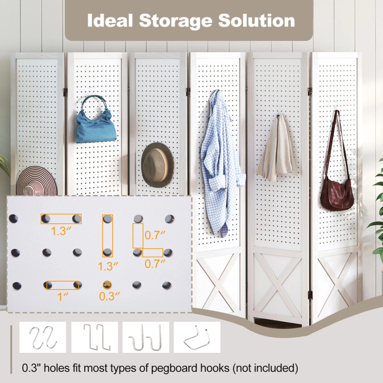 SUGIFT 6-Panel Pegboard Paulownia Wood Foldable Privacy Screen Room Divider 97-in x 67-in 16-in Folded 39-lb White
