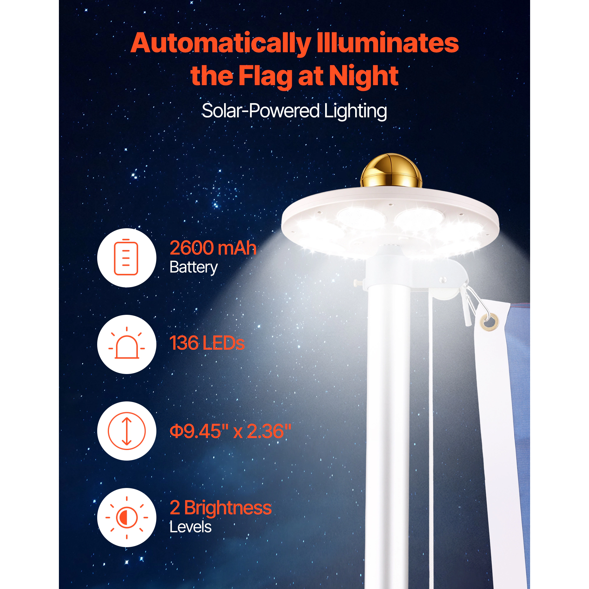 HONGGE 25 ft Sectional Flag Pole Kit with Solar LED Light, Heavy Duty Aluminum, 3x5 American Flag, In-Ground, Silver