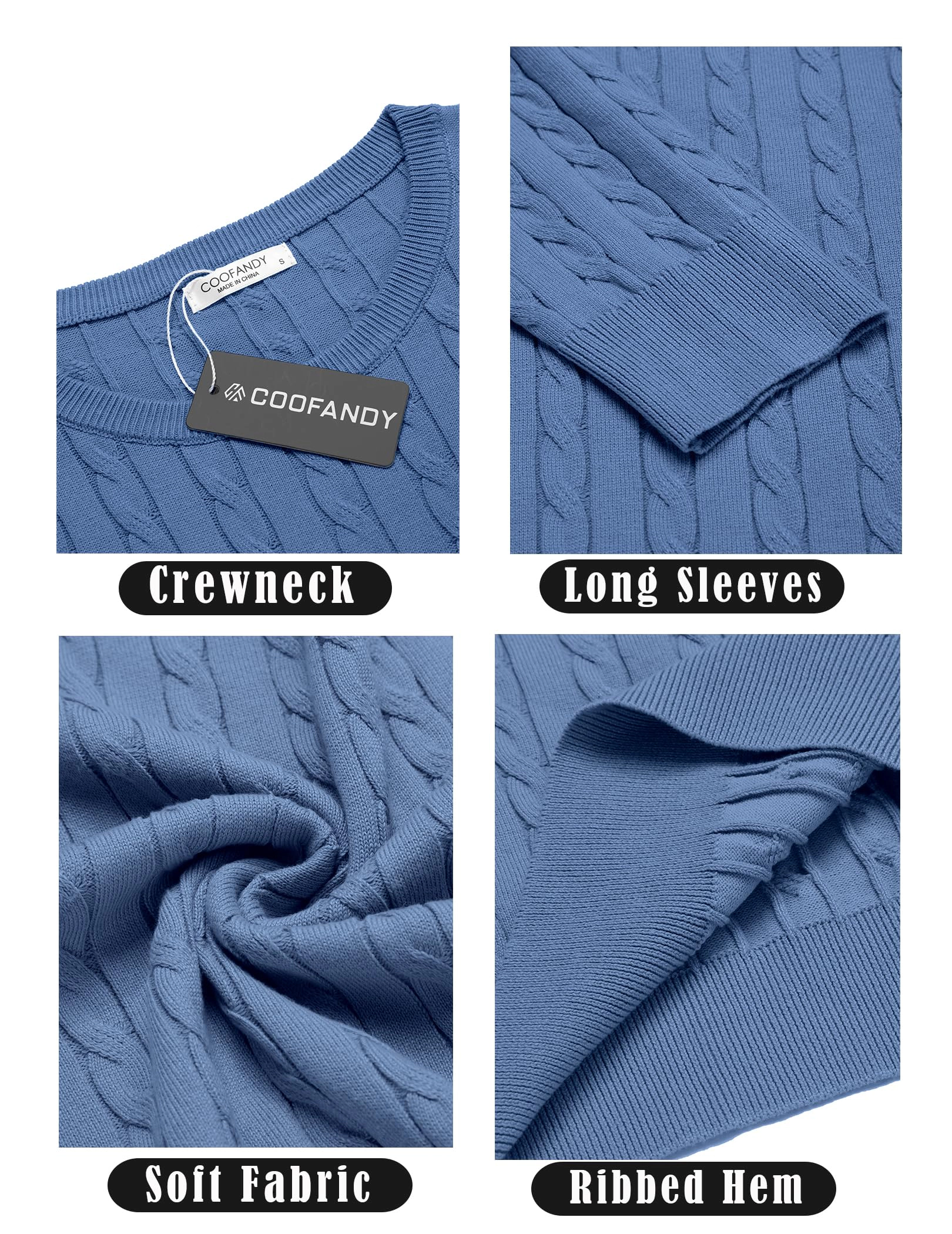 COOFANDY Mens Classic Long Sleeve Sweater Fall Crew Neck Cable Knit Casual Pullover