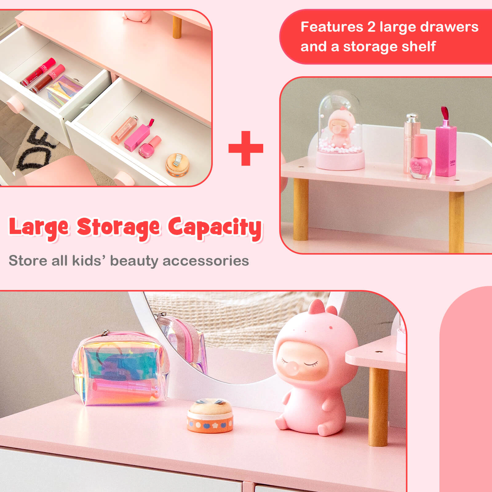 SUGIFT Kids Vanity Set with Rabbit Mirror, Storage Shelf and Backrest Chair