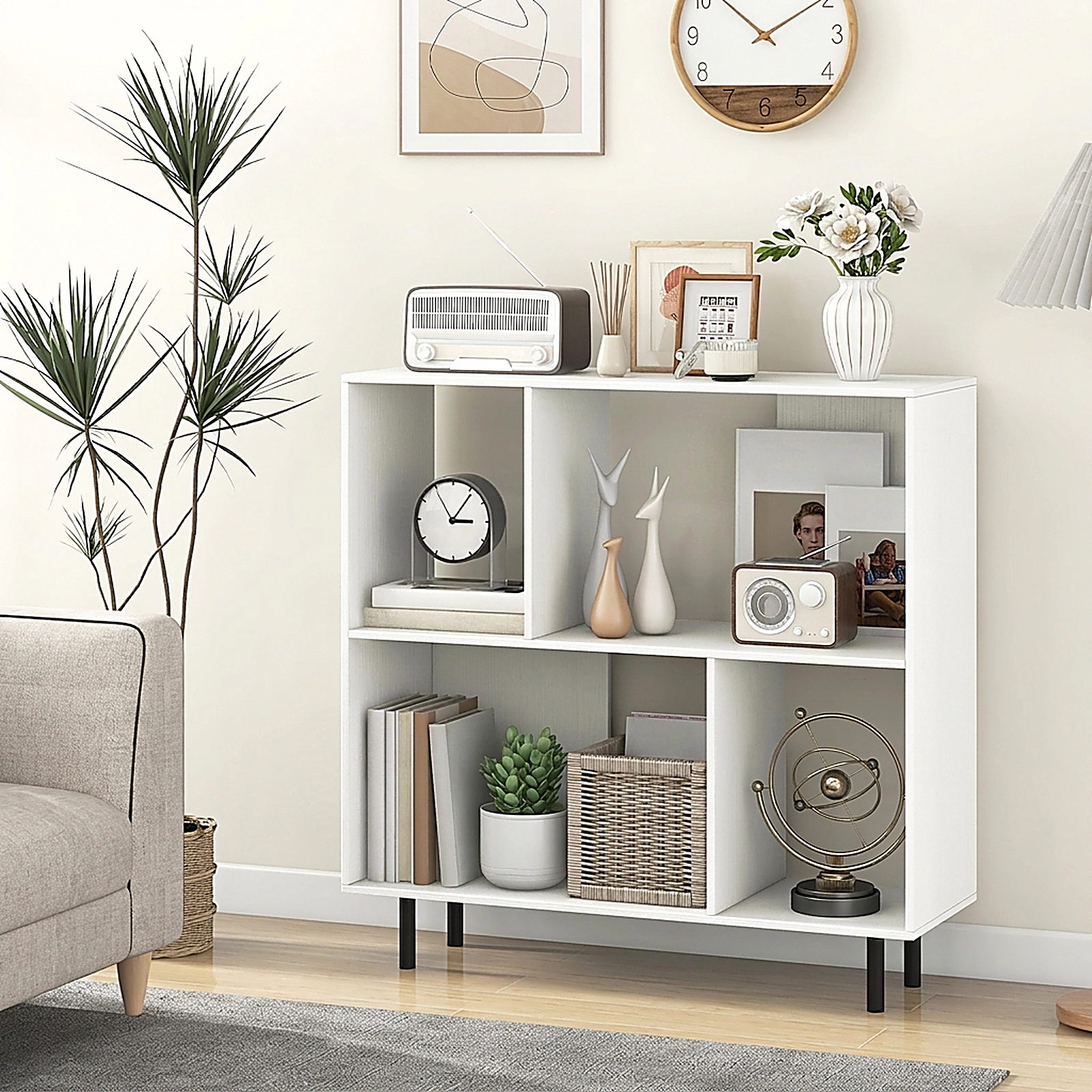 SUGIFT White Open Shelf Bookcase with 4 Compartments and Raised Metal Legs