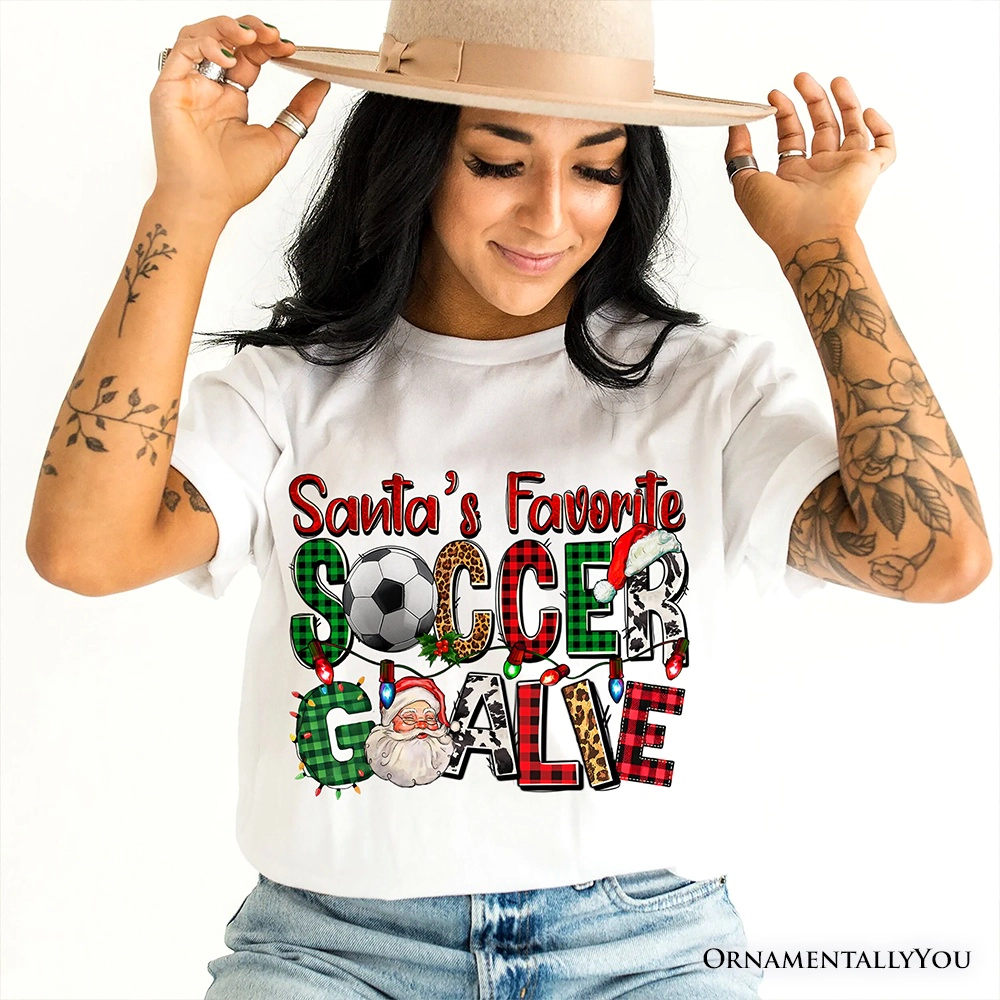 OrnamentallyYou Mens Santa's Favorite Soccer Goalie Plaid Christmas T-Shirt