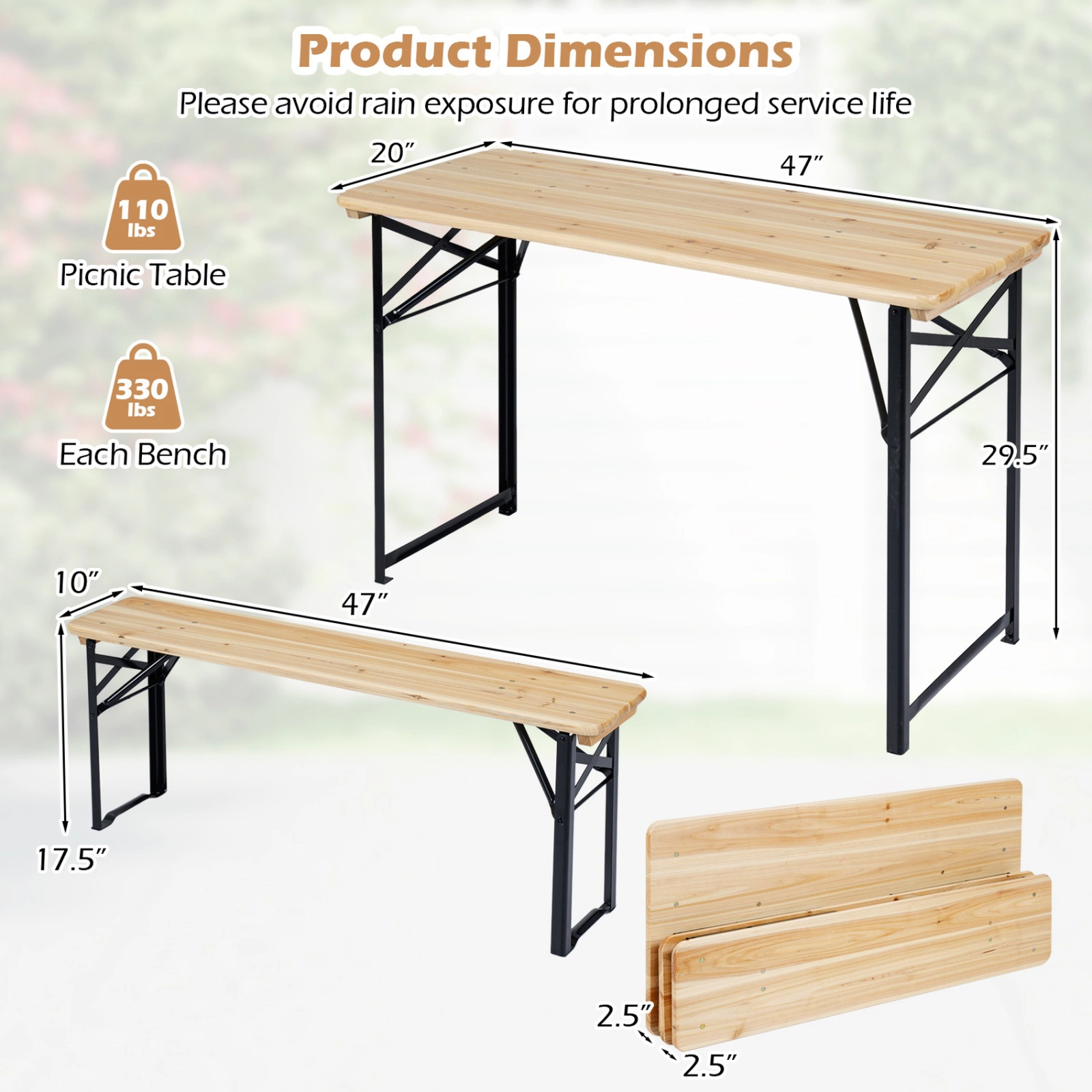 SUGIFT 3-Piece Folding Fir Wood Picnic Table and Benches 110-lb Table 330-lb Benches Natural and Black