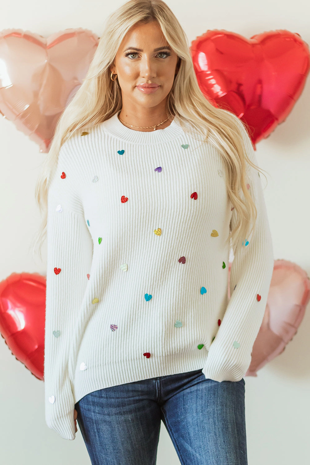 Threaded Pear Women's Sequin Heart Waffle Knit Sweater