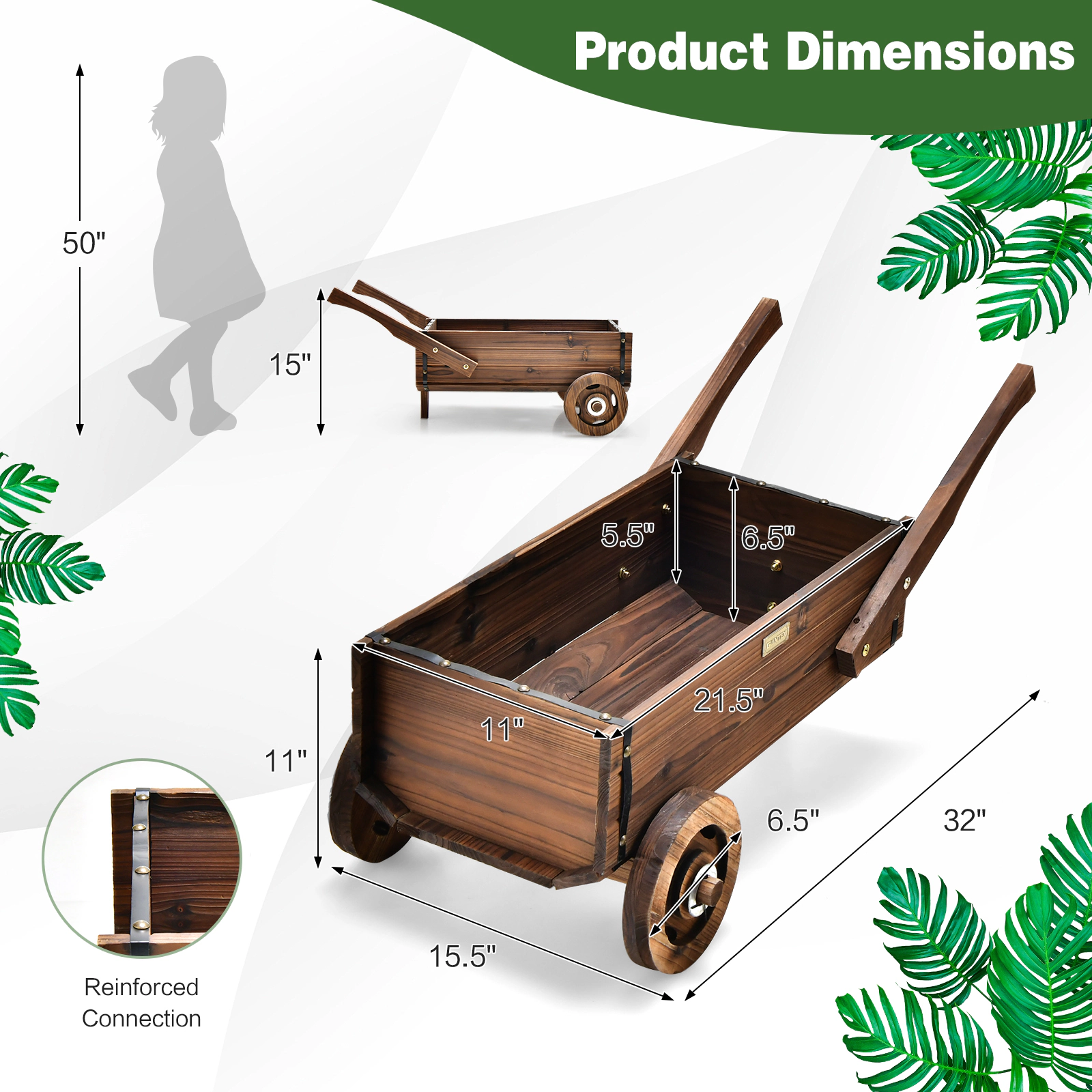 Slickblue Rustic Wooden Wagon Planter Box Rolling Flower Cart with Wheels