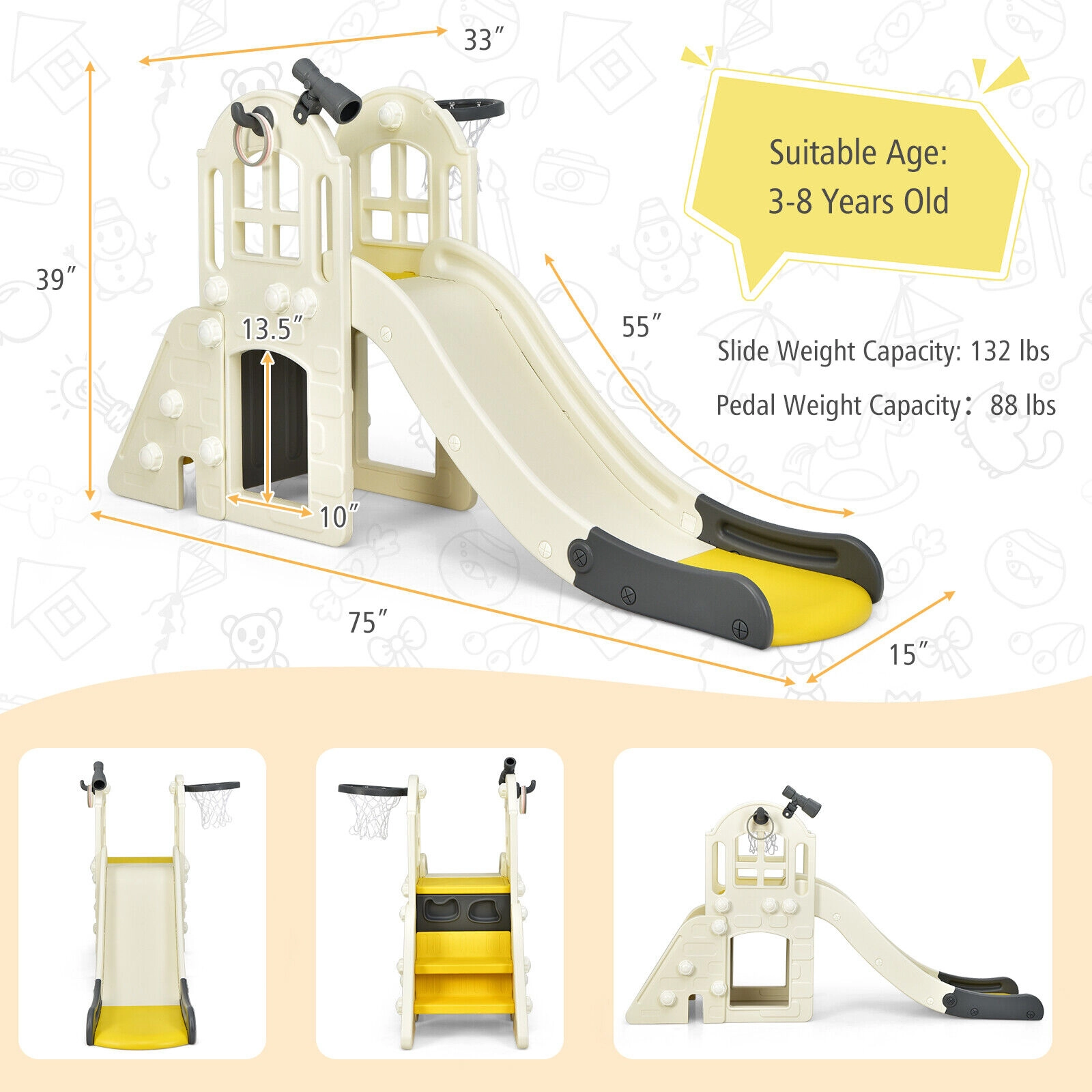 SUGIFT 6-in-1 Large Toddler Climber Slide Playset Basketball Hoop 75-in Frame 160-lb Platform Capacity Ages 3+ Yellow