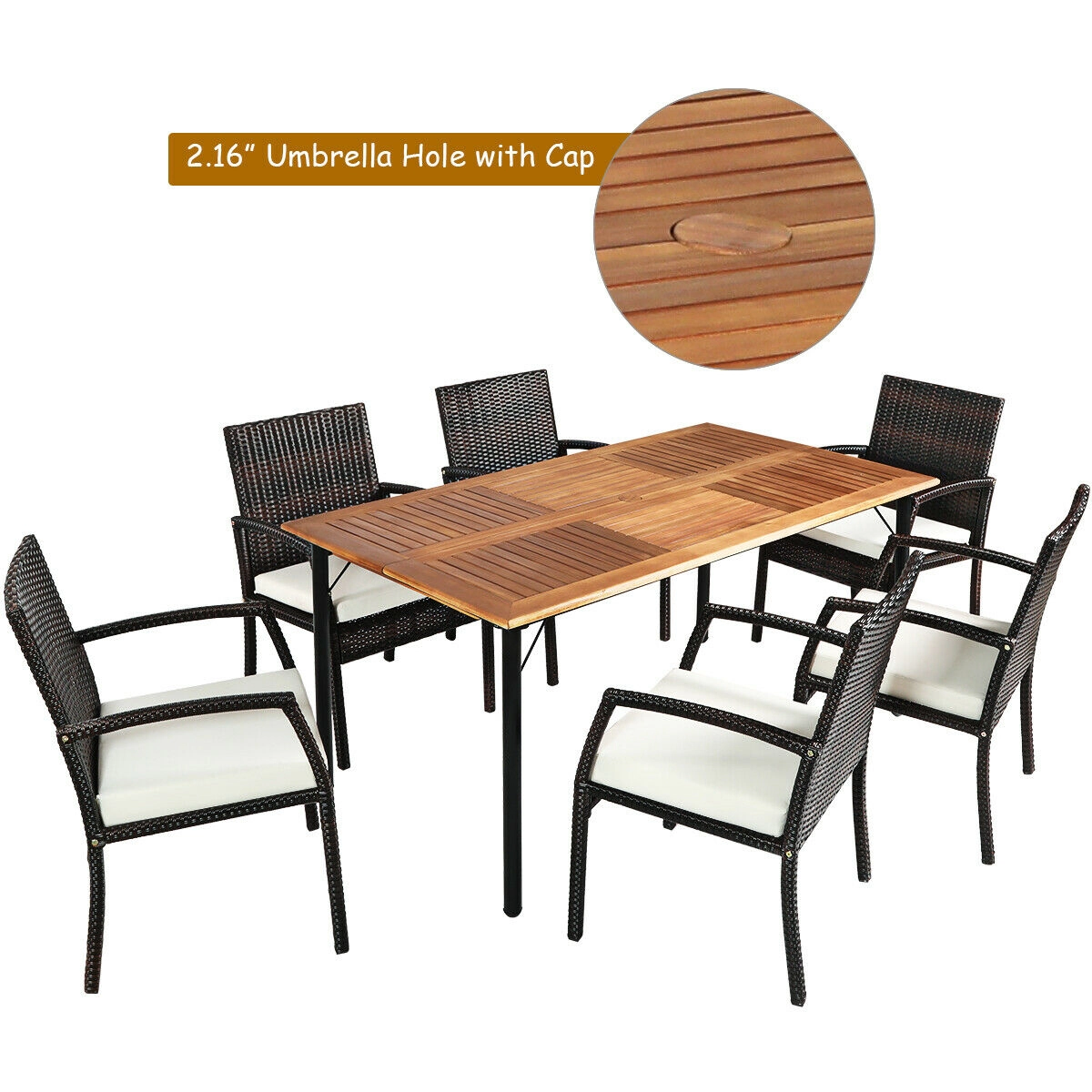 LJG 7PCS Patio Rattan Cushioned Dining Set with Umbrella Hole