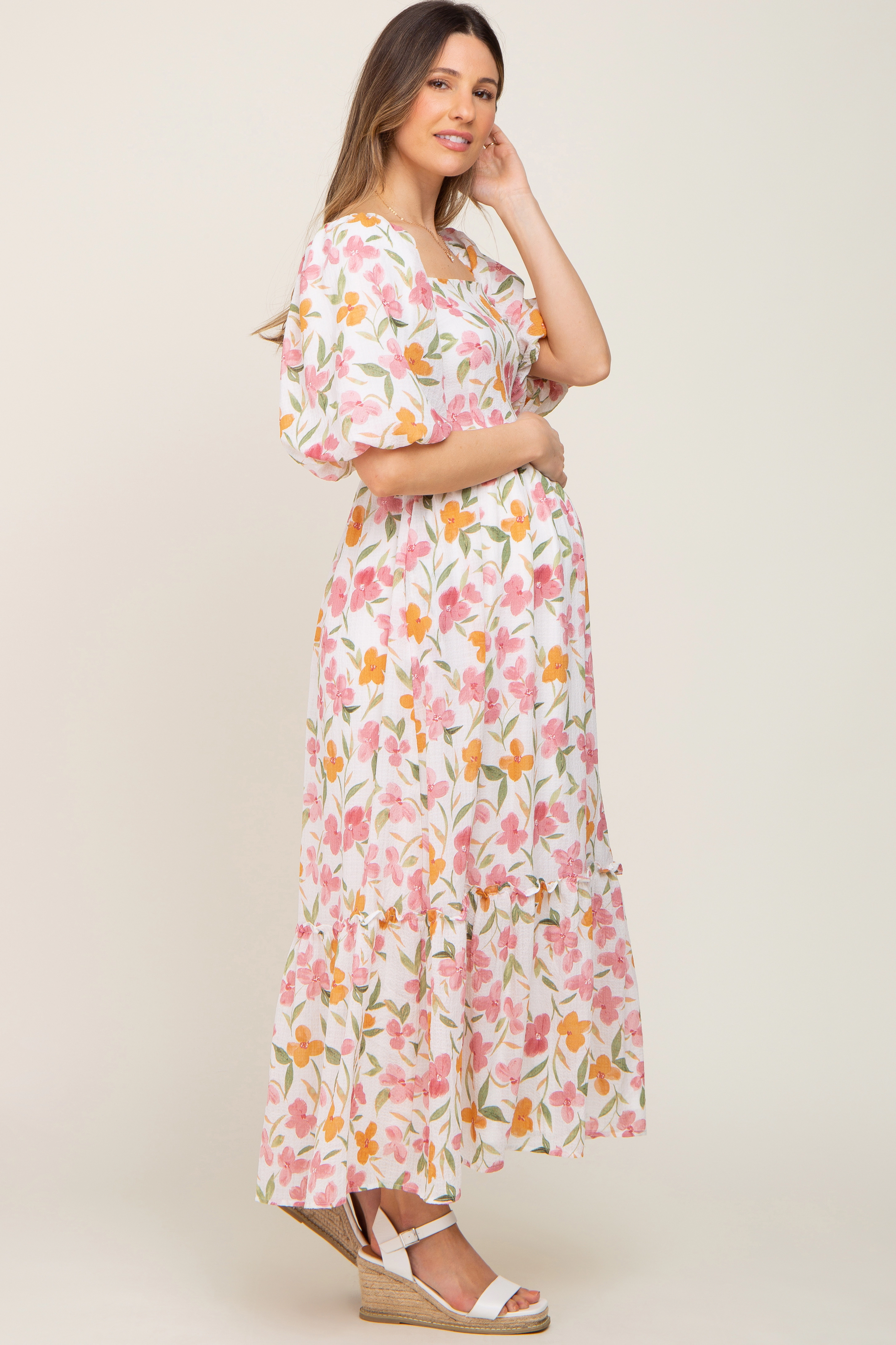 PinkBlush Womens White Floral Puff Sleeve Maternity Maxi Dress