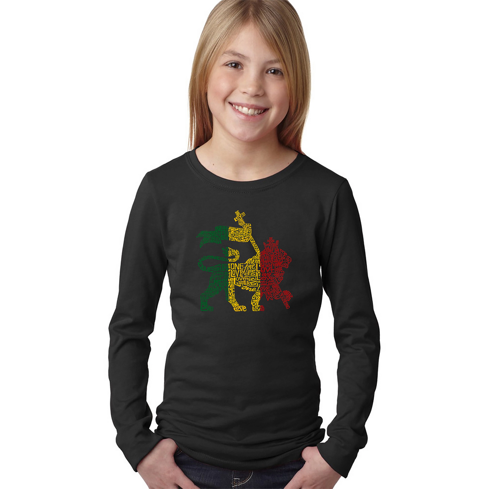 LA Pop Art Girls Long Sleeve Word T-Shirt - Rasta Lion One Love