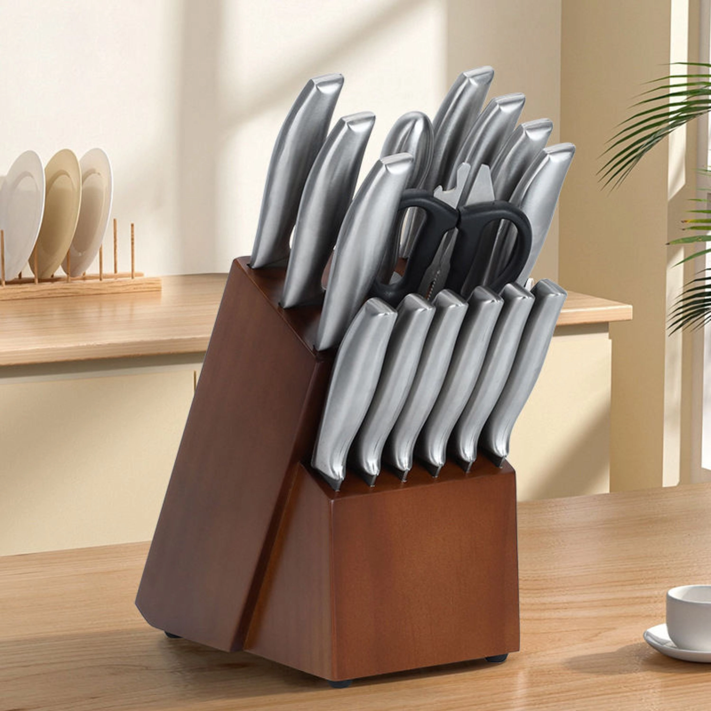 Kitcheniva 16-Piece Stainless Steel Knife Set With Wood Block & Hollow Handle