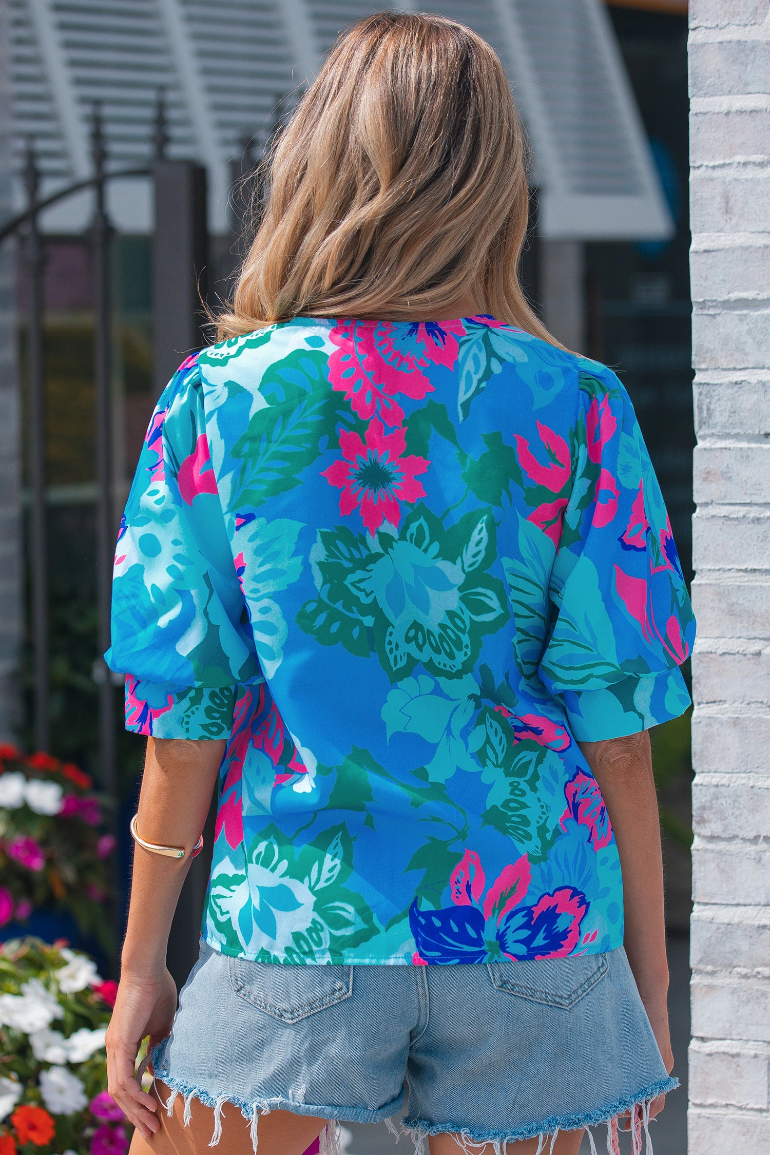Threaded Pear Ivanna Print Half Sleeve Blouse - Sky Blue, 100% Polyester