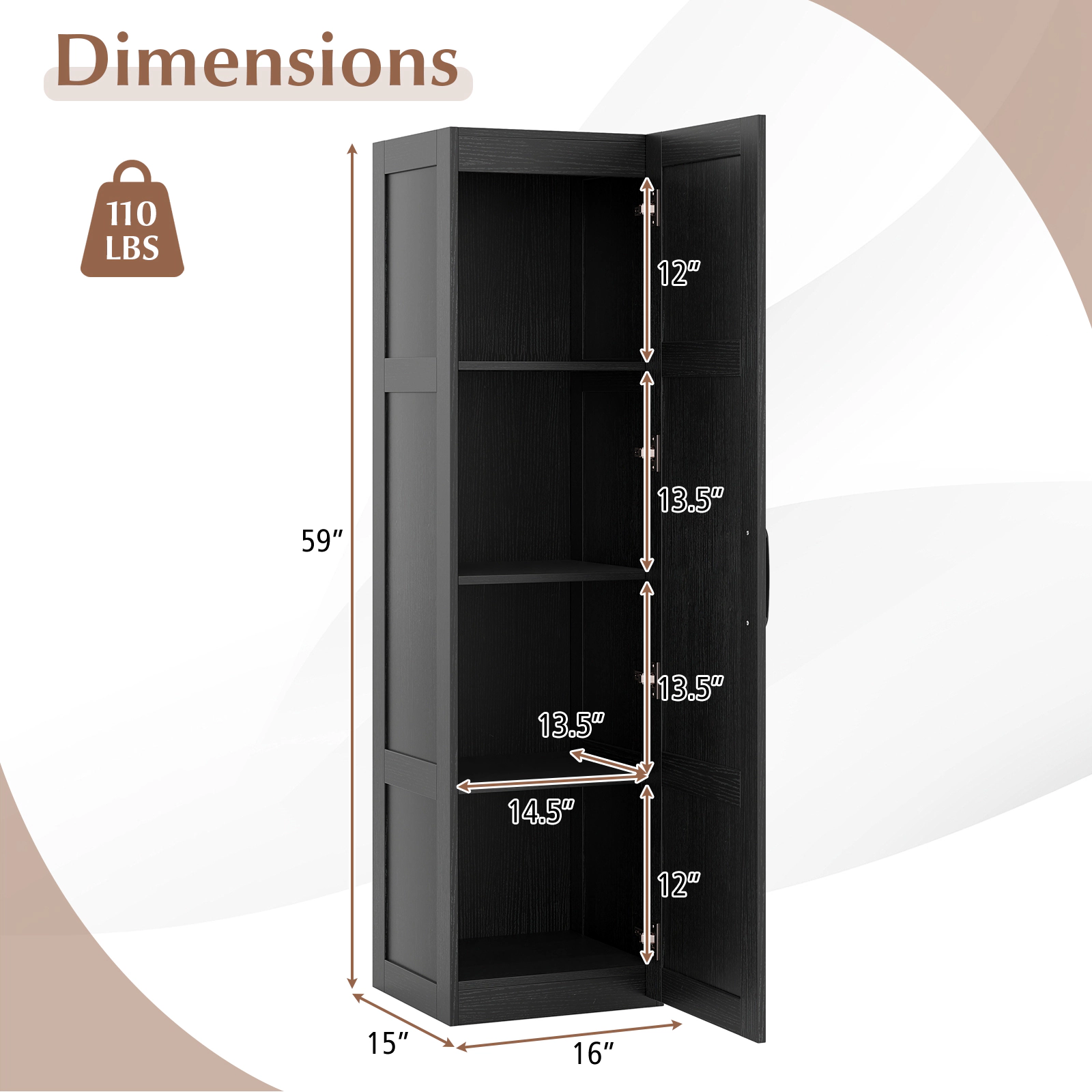 Slickblue Tall Storage Cabinet Black Wood Grain Bathroom Kitchen Organizer Cabinet