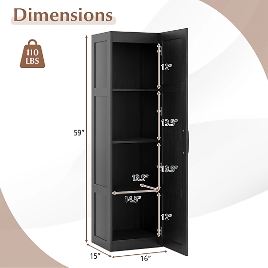 SUGIFT Black 110-lb Capacity 59-in Tall 4-Shelf Narrow Bathroom Storage Cabinet with Soft-Close Hinges
