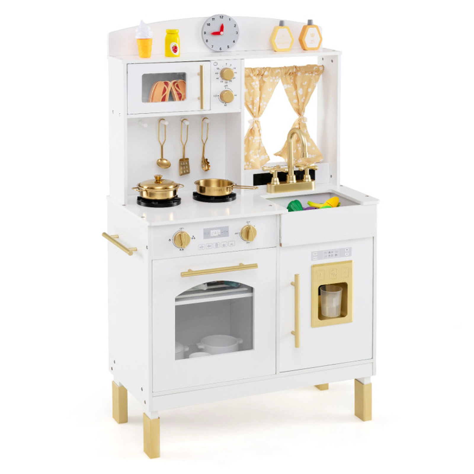 SUGIFT Gold 3 Adjustable Heights Microwave and Ice Maker Kids Wooden Chef Play Kitchen