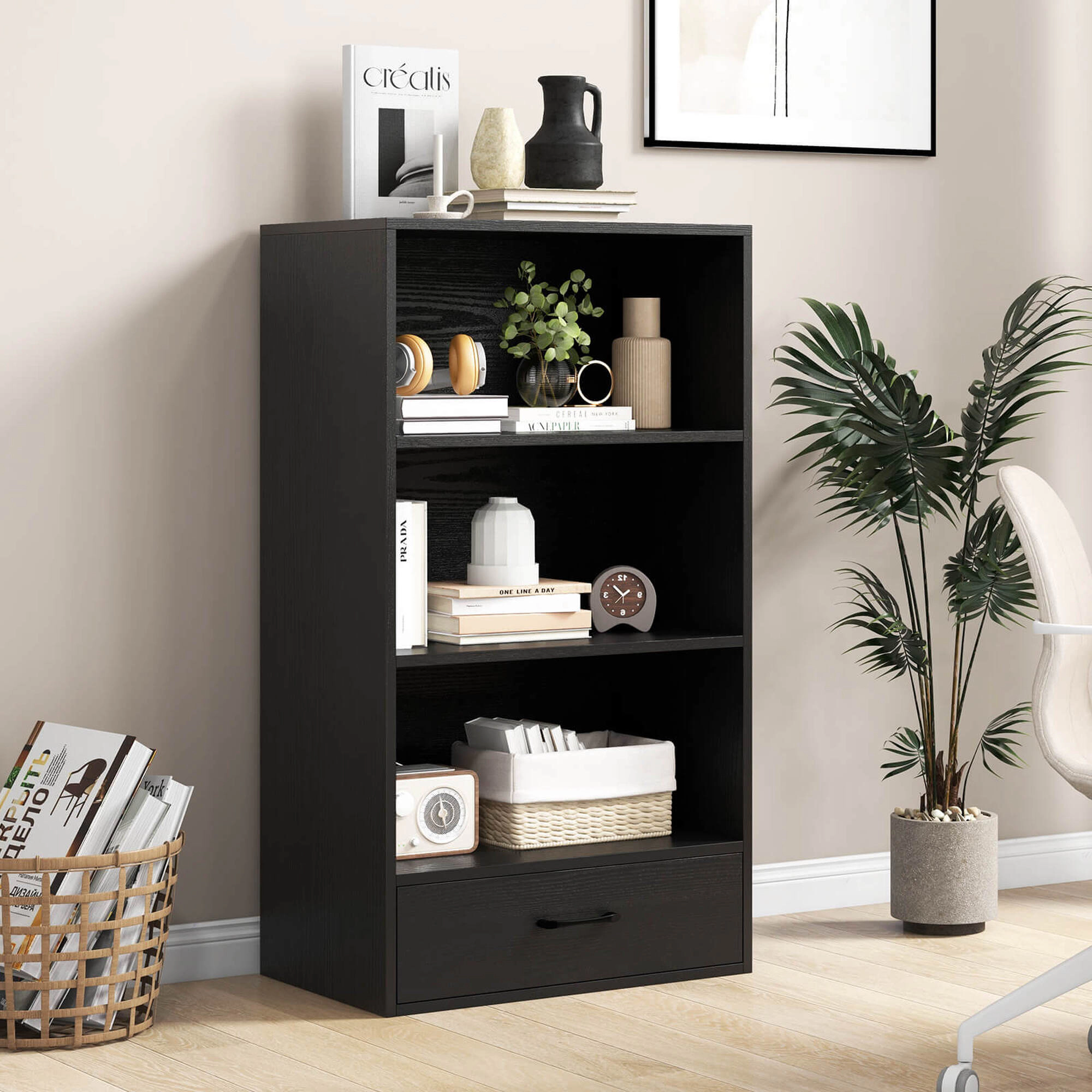 Costway 42'' Tall 4-tier Storage Shelf Wood Bookcase with Drawer Home Organizer Display Rack Black