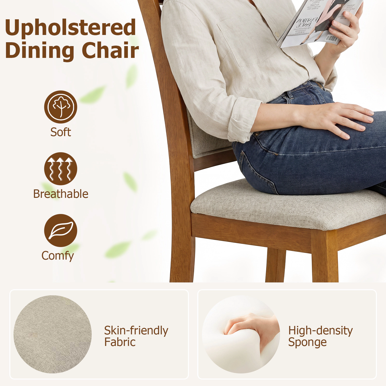 SUGIFT Brown Padded Backrest Polyester Upholstered Rubber Wood Frame Set of 2 Dining Chairs