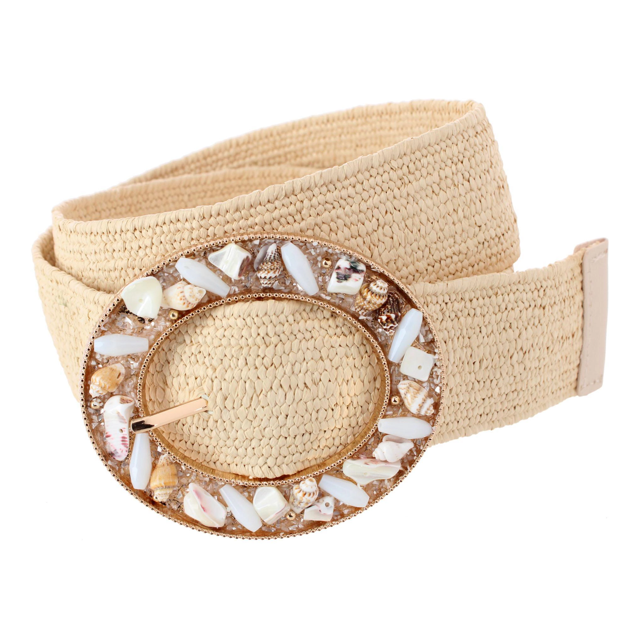 CTM Women's One Raffia Stretch Belt with SeaShell Buckle