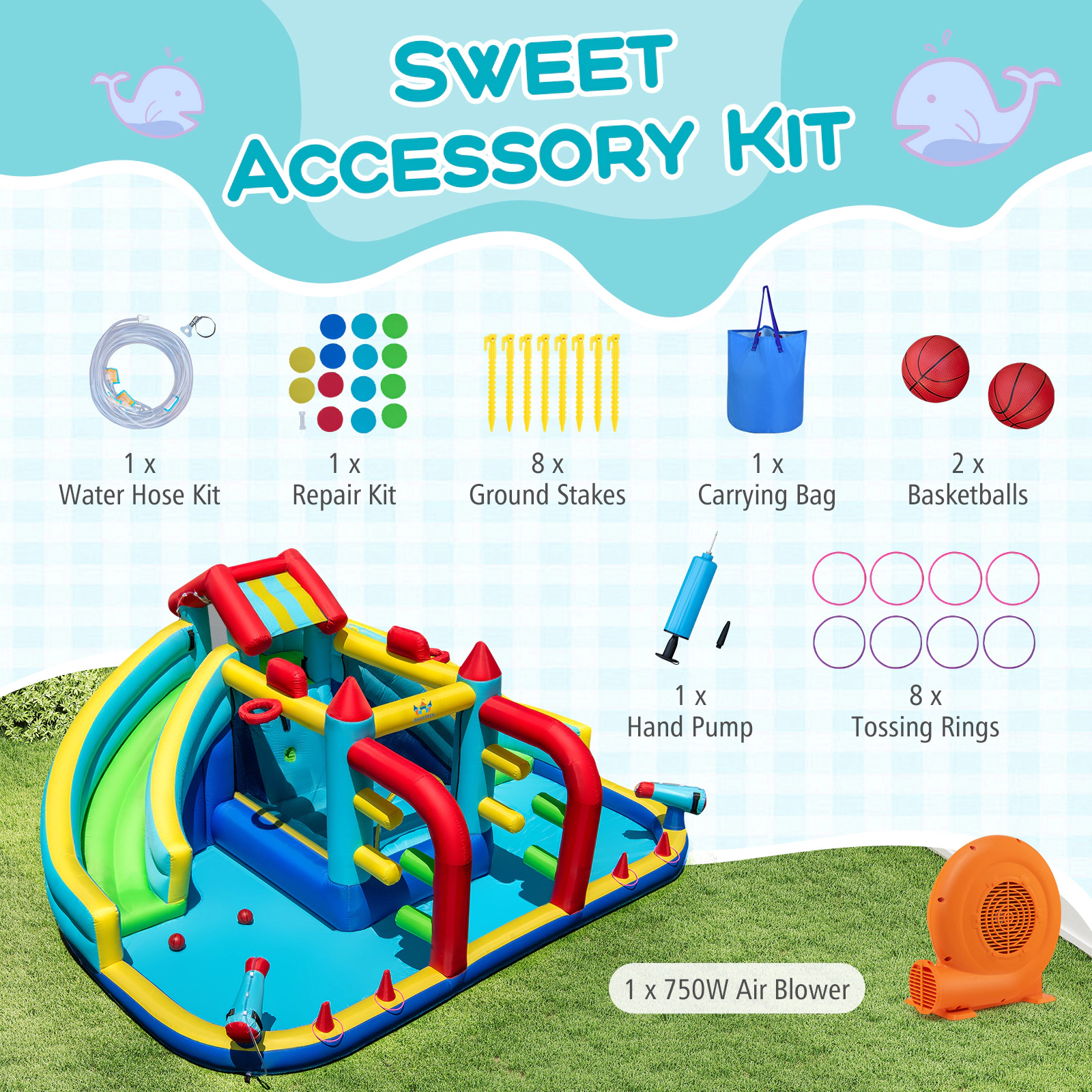 SUGIFT 4-Child 66-lb Capacity Inflatable Double Water Slide Park with Obstacle Course and 750W Blower