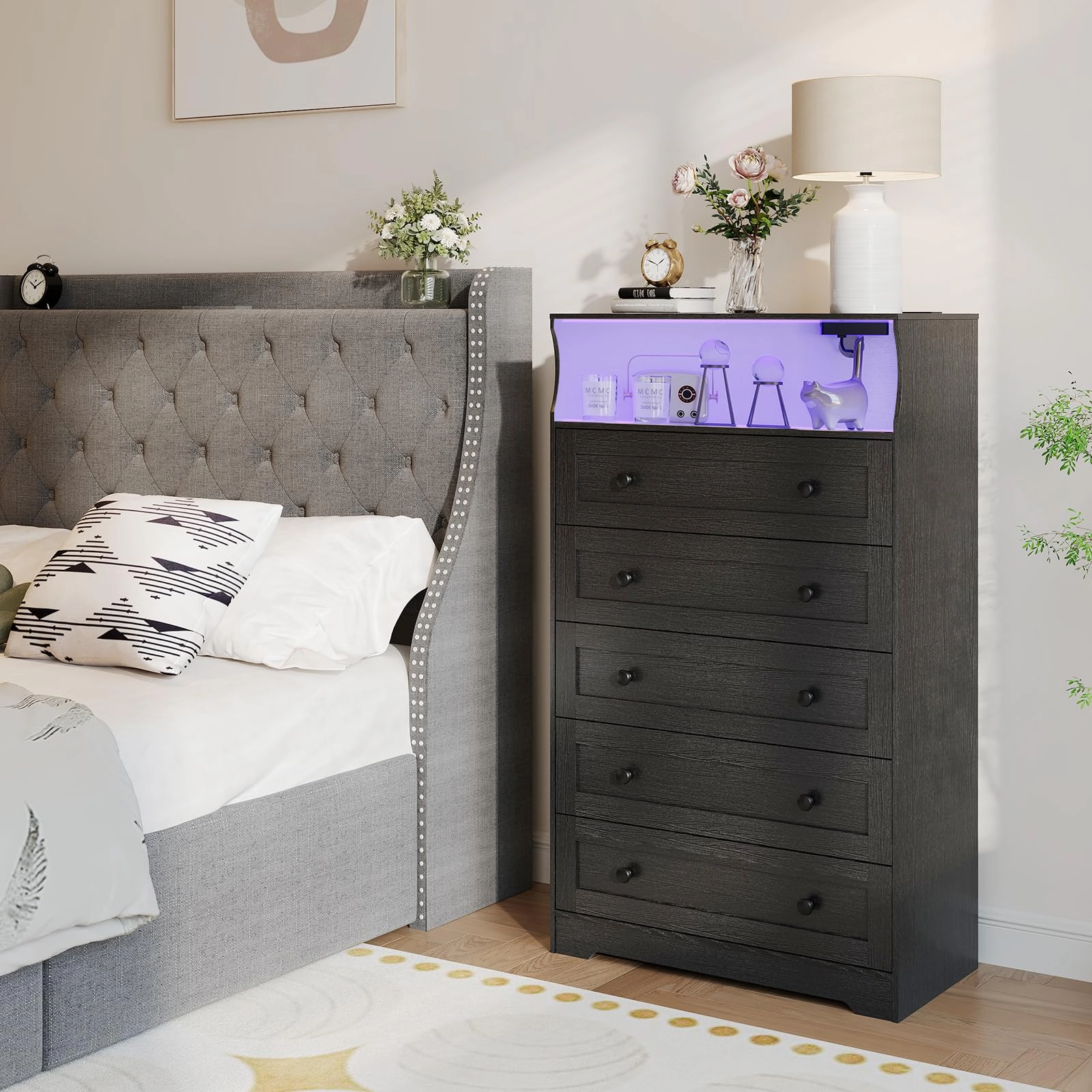 53.1" Tall 5 Drawer Dresser with LED Shelf & Charging Station, Wood Storage Chest